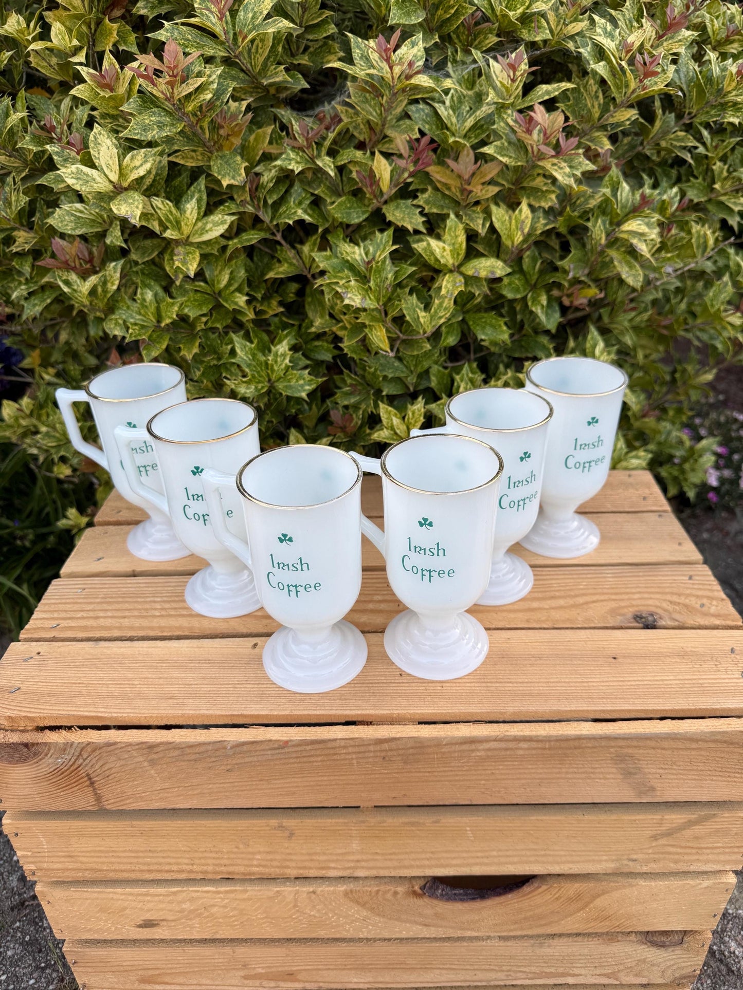 Set of 6 Vintage Irish Coffee Mugs, 1970s80s Opal Glass with Green Shamrock, Pedestal Cups with Gold Rim, Retro Barware, Pub Glass Set