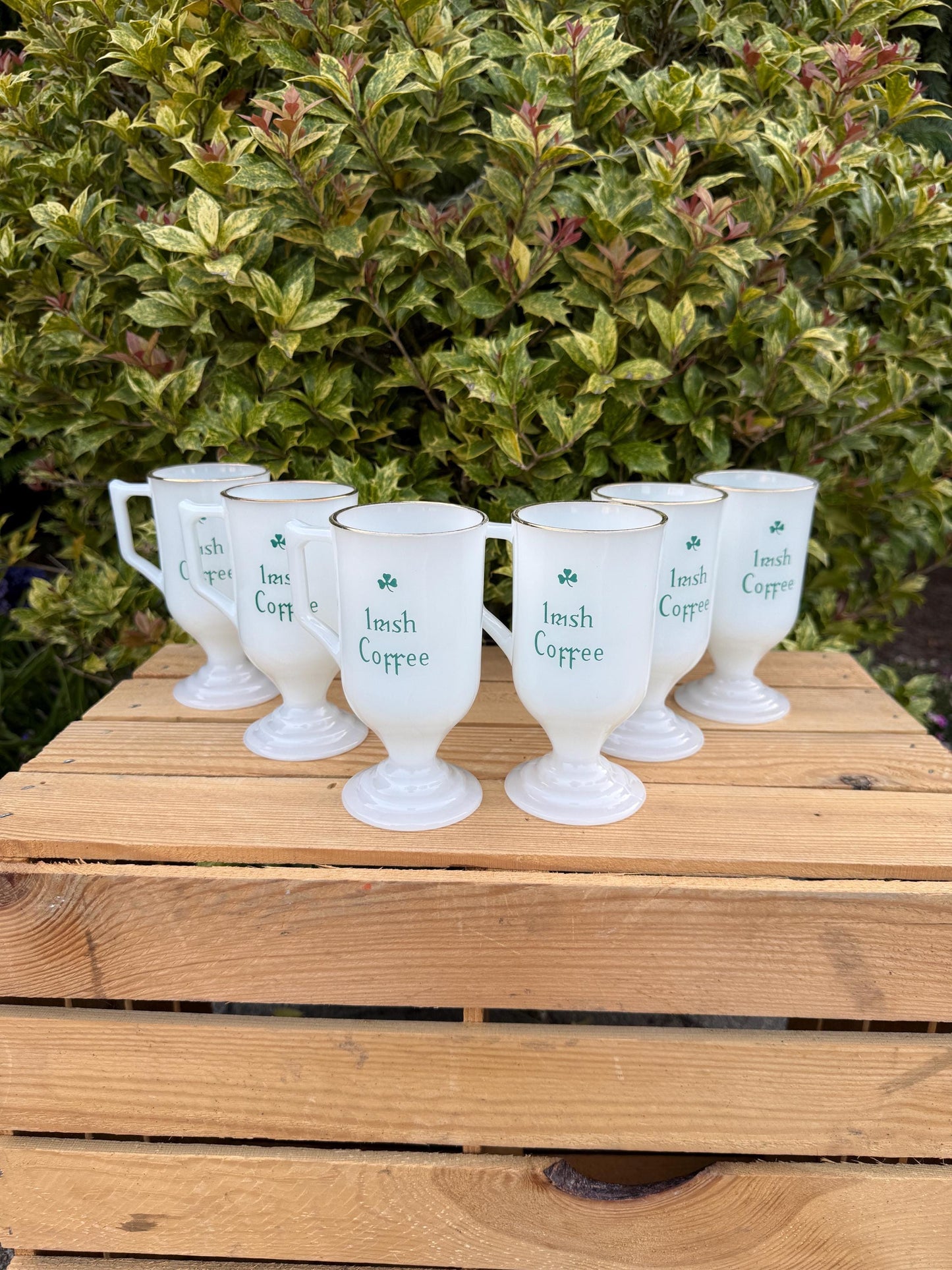 Set of 6 Vintage Irish Coffee Mugs, 1970s80s Opal Glass with Green Shamrock, Pedestal Cups with Gold Rim, Retro Barware, Pub Glass Set
