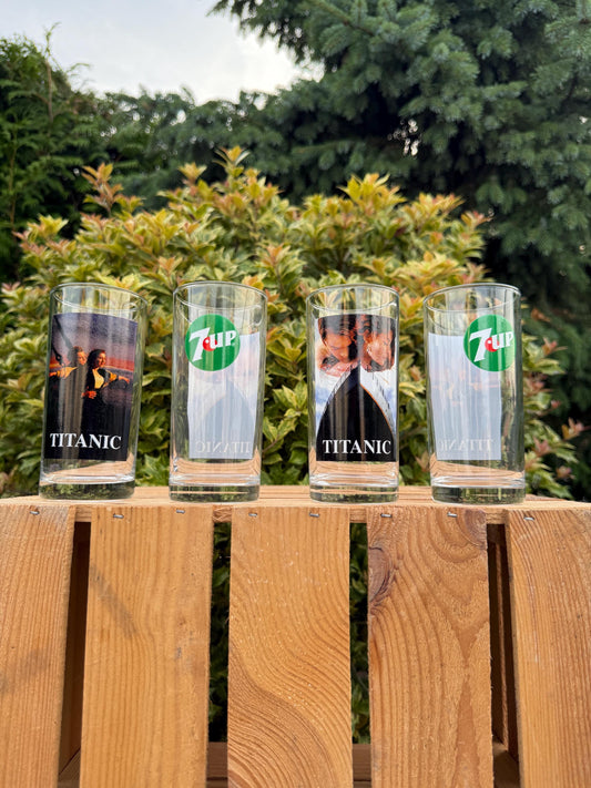 Vintage 7UP x Titanic Glasses Set of 4, Long Drink Tumblers, 1990s Movie Promo Collectible, Soda Advertising Glassware