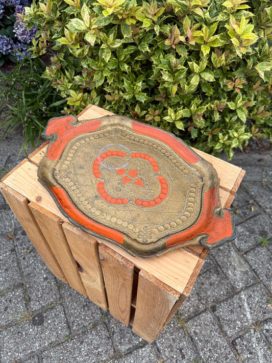 Vintage Italian Florentine Tray, Res and Gold, Medium Serving Tray, Rococo Decor, Baroque Vanity Tray, Shabby Chic Italy Decor