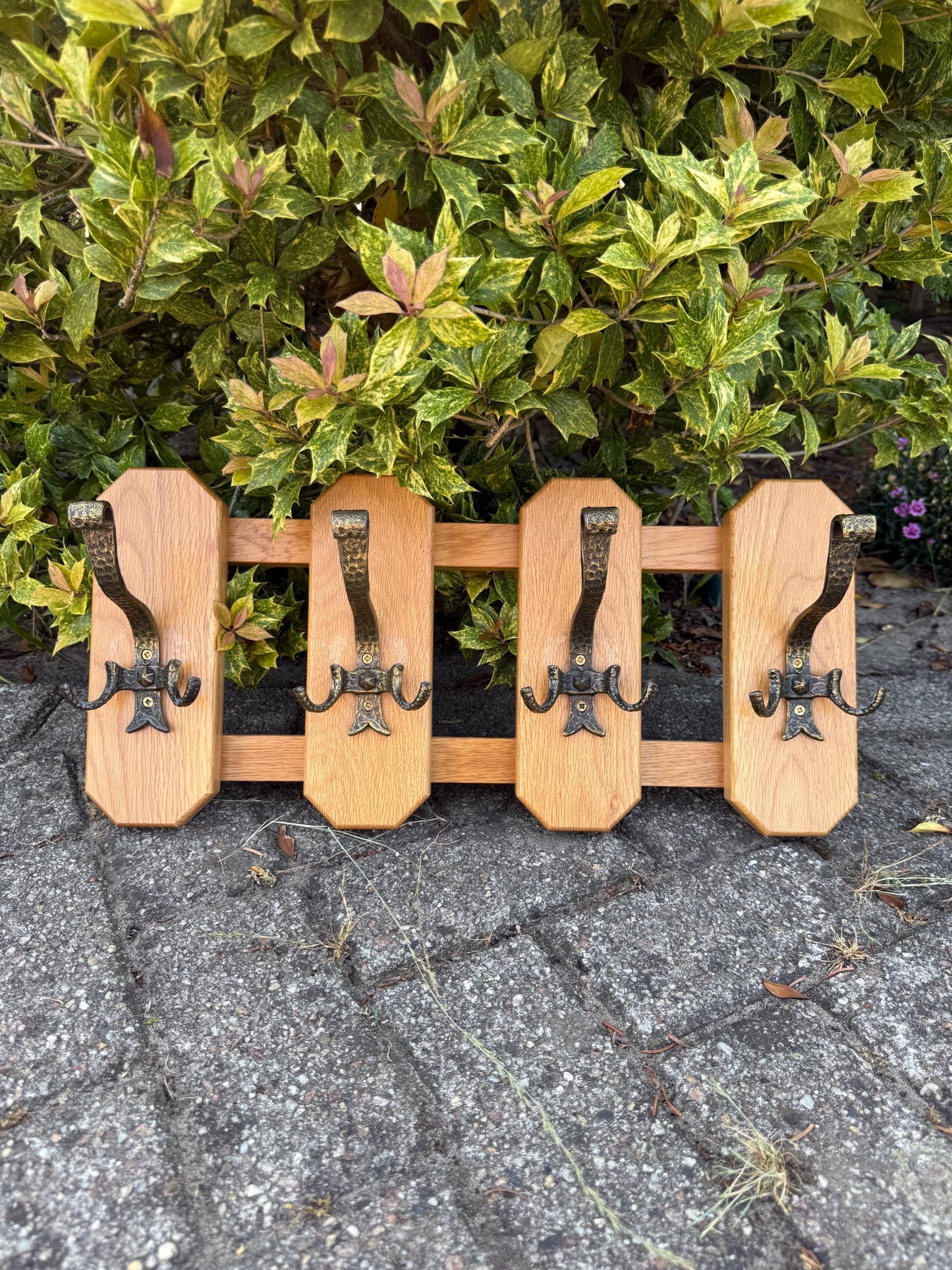 Vintage Oak Wall Coat Rack with 4 Metal Hooks, Rustic Wall-Mount Hanger, Mid-Century Entryway Organizer, Solid Wood Hat Rack