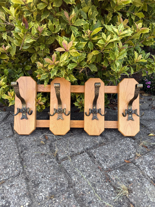 Vintage Oak Wall Coat Rack with 4 Metal Hooks, Rustic Wall-Mount Hanger, Mid-Century Entryway Organizer, Solid Wood Hat Rack