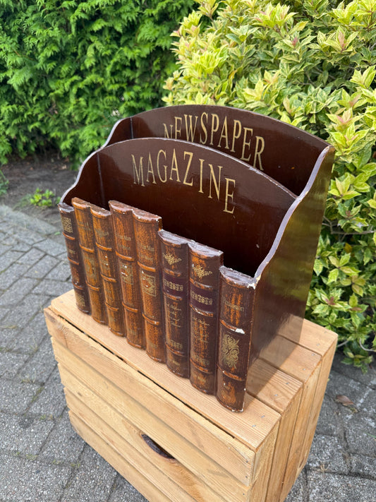 Vintage Wooden Magazine Holder with Faux Book Spine, Newspaper Rack, Bookcase Decor Organizer, Library Storage Basket, Brown Literature Box