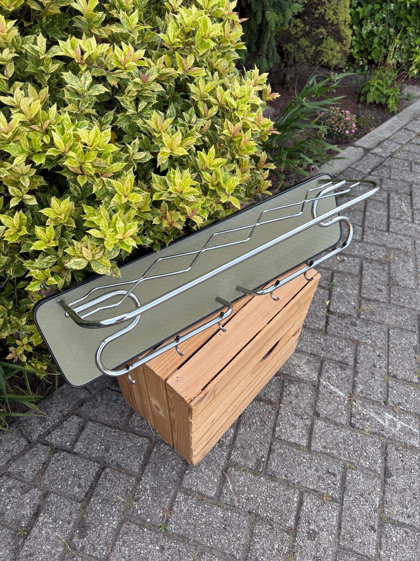 Vintage Mid-Century Coat Rack, 1960s Wall-Mounted Mirror Hall Rack, Chrome Hooks & Hat Shelf, Retro Entryway Organizer