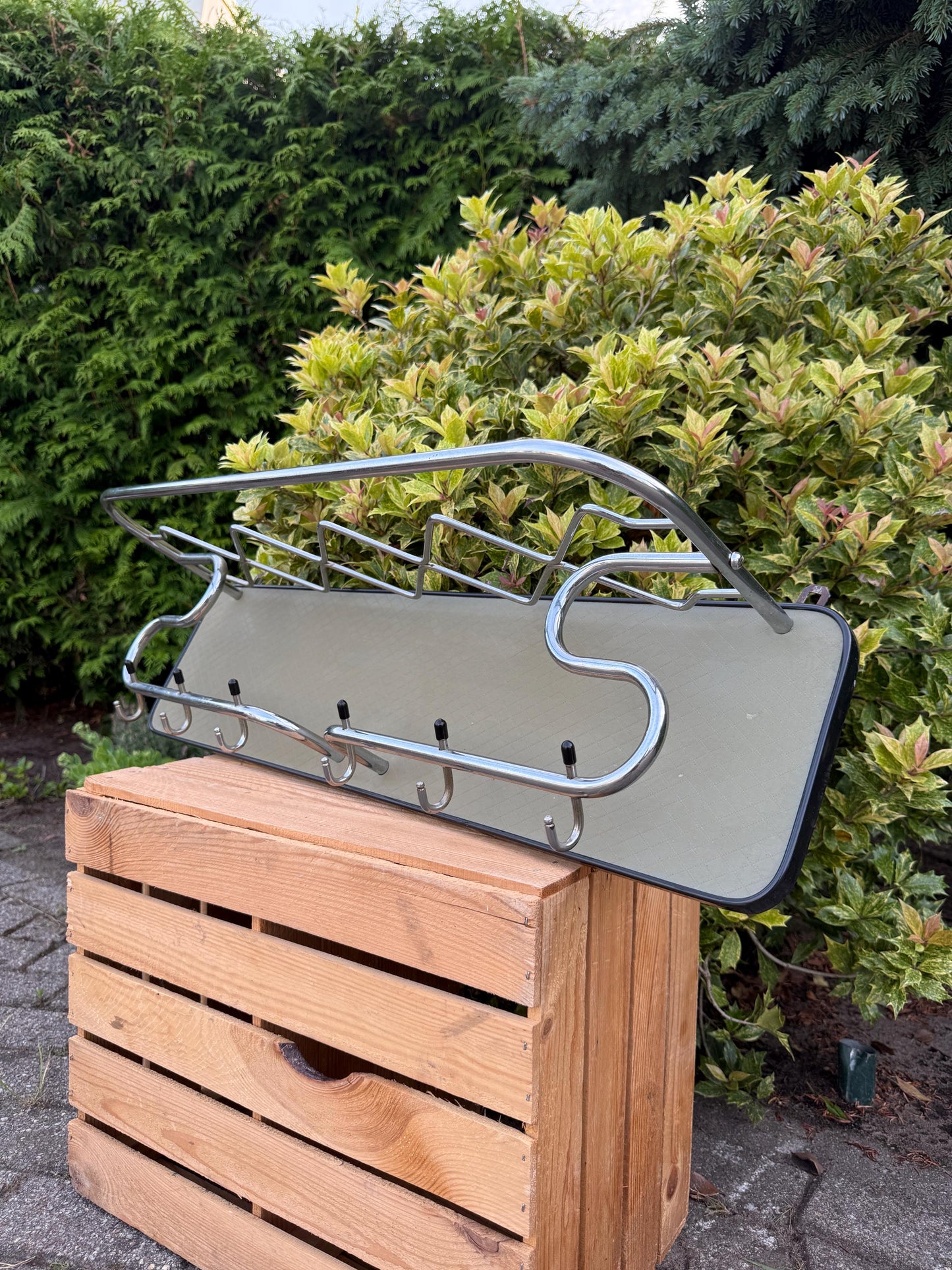 Vintage Mid-Century Coat Rack, 1960s Wall-Mounted Mirror Hall Rack, Chrome Hooks & Hat Shelf, Retro Entryway Organizer