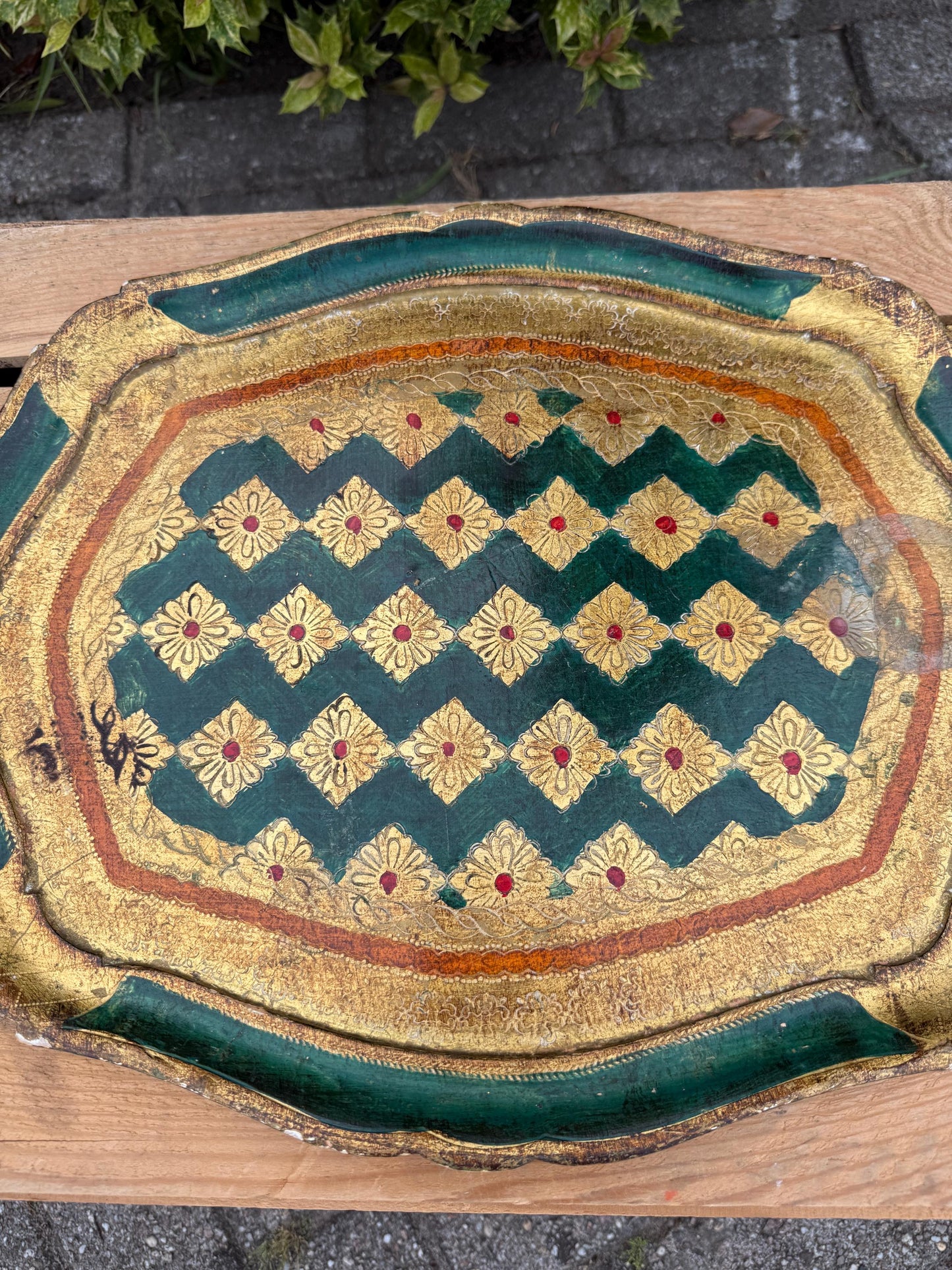 Vintage Florentine Tray, Italian Toleware, Hand-Painted Wood, Green Gold Gilt, Baroque Style, Serving Platter, Made in Italy