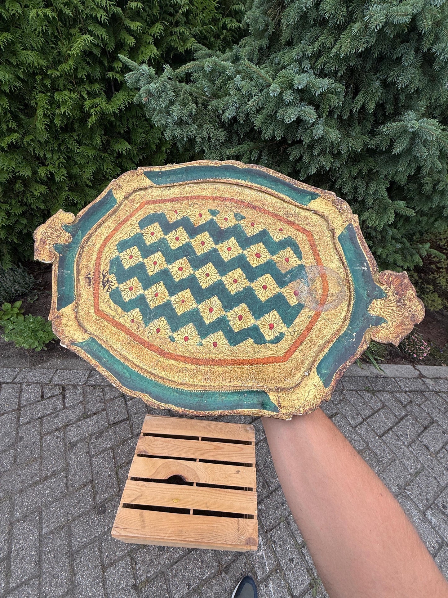 Vintage Florentine Tray, Italian Toleware, Hand-Painted Wood, Green Gold Gilt, Baroque Style, Serving Platter, Made in Italy