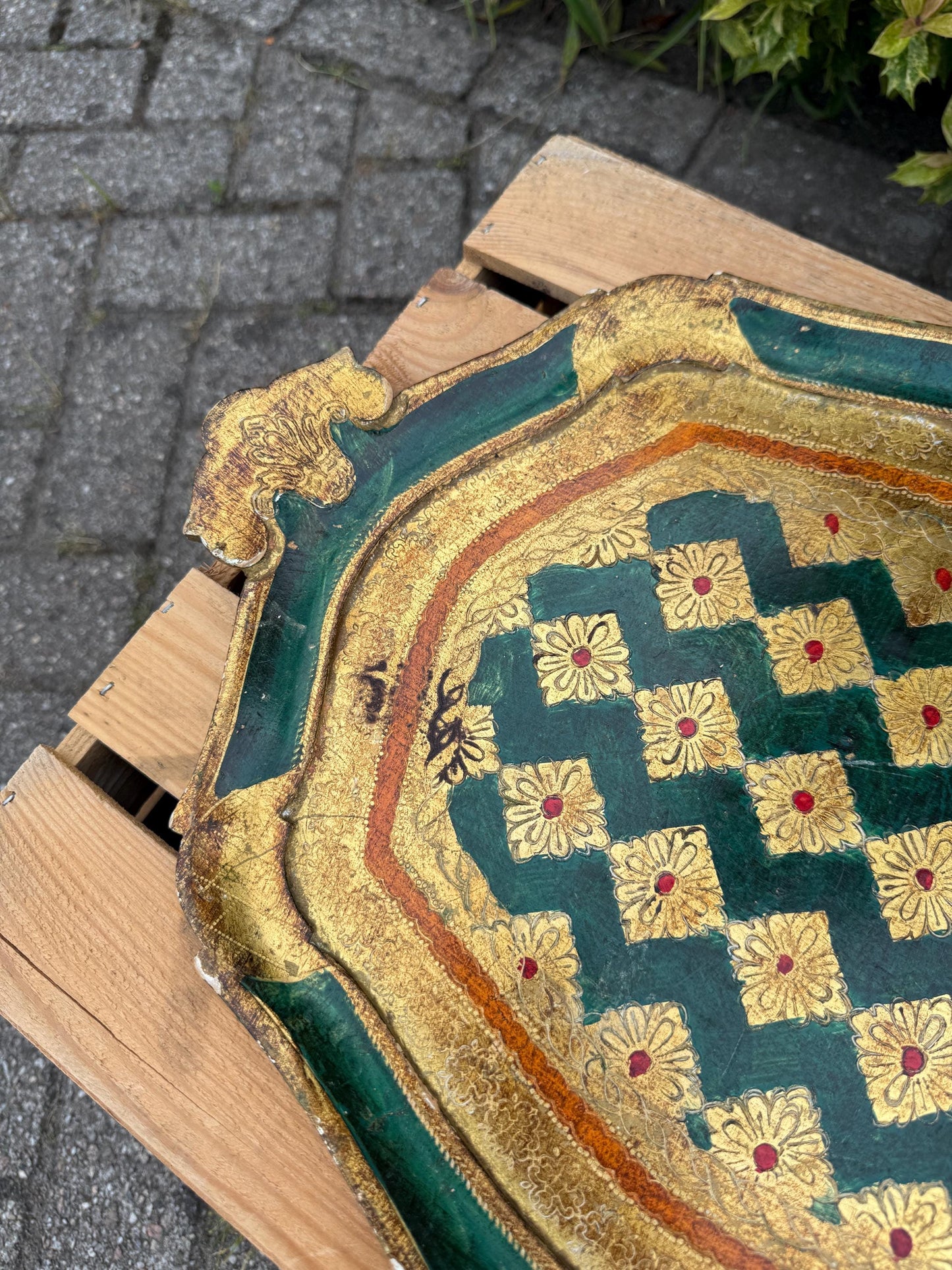 Vintage Florentine Tray, Italian Toleware, Hand-Painted Wood, Green Gold Gilt, Baroque Style, Serving Platter, Made in Italy