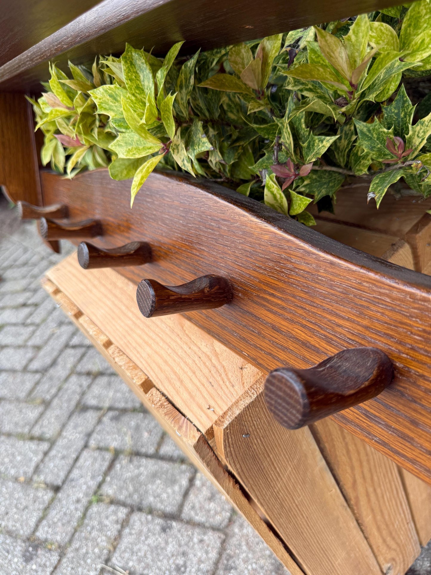 Vintage Wooden Coat Rack with Shelf, Farmhouse Hallway Organizer, Rustic Wall Hook Rail, Country Style Entryway Storage, Solid Oak Hanger