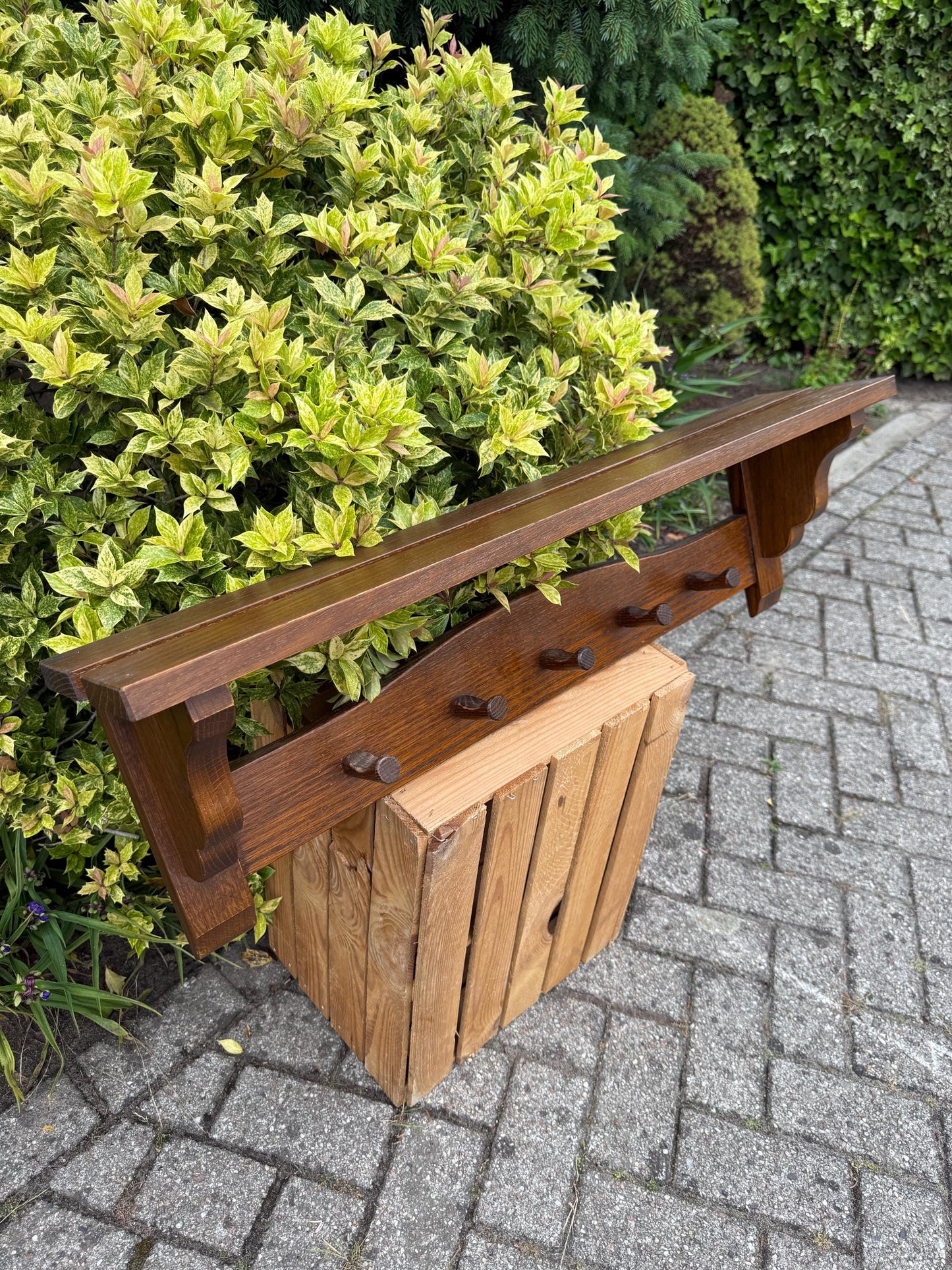 Vintage Wooden Coat Rack with Shelf, Farmhouse Hallway Organizer, Rustic Wall Hook Rail, Country Style Entryway Storage, Solid Oak Hanger