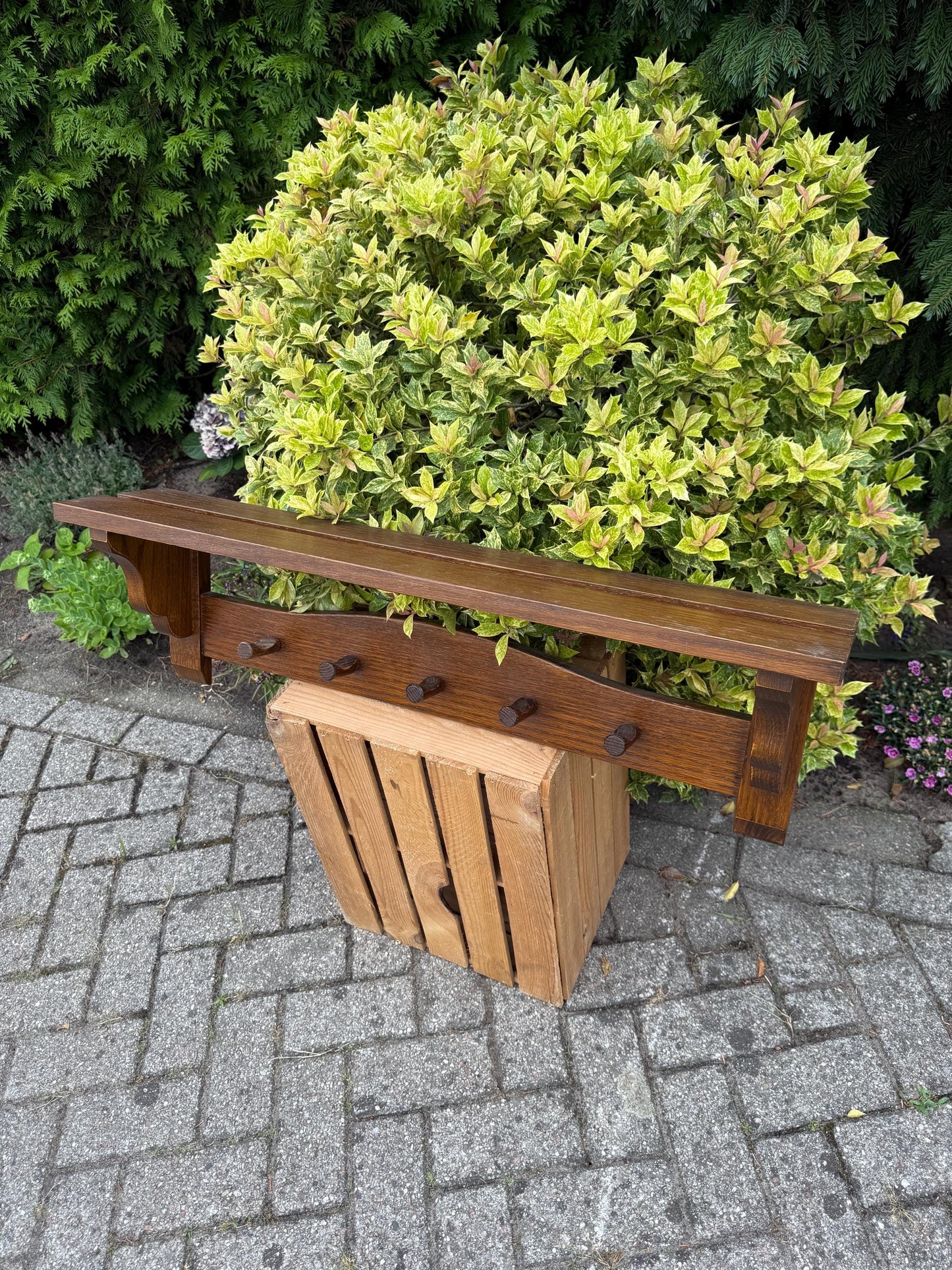 Vintage Wooden Coat Rack with Shelf, Farmhouse Hallway Organizer, Rustic Wall Hook Rail, Country Style Entryway Storage, Solid Oak Hanger