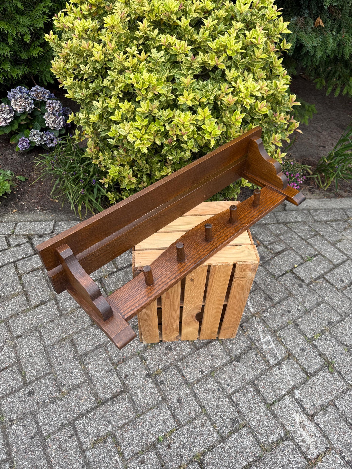 Vintage Wooden Coat Rack with Shelf, Farmhouse Hallway Organizer, Rustic Wall Hook Rail, Country Style Entryway Storage, Solid Oak Hanger