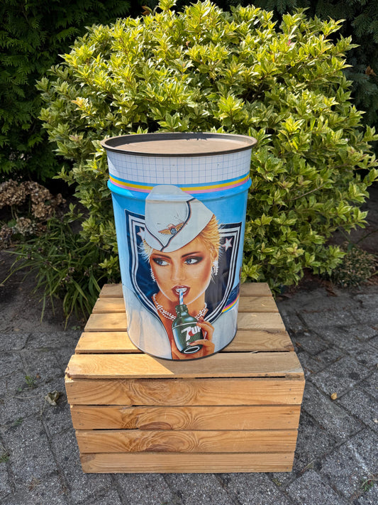 Vintage 1984 7UP Tin Barrel, Large Italian Metal Drum with Lid, Soda Advertising Container, Pop Art Storage Bin, Retro Shop Display