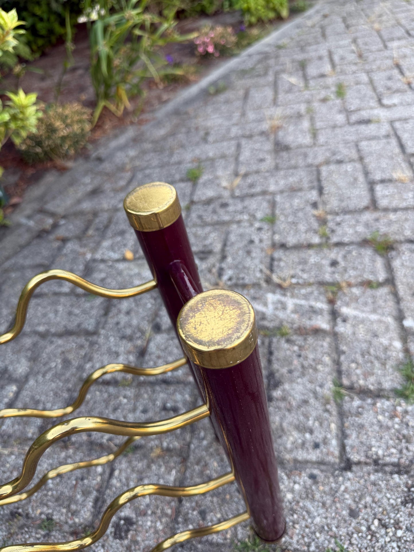 Vintage Brass and Metal Wine Rack, Dark Red and Gold Wavy Bar Stand, 1980s Wine Storage Display, Retro Bottle Holder