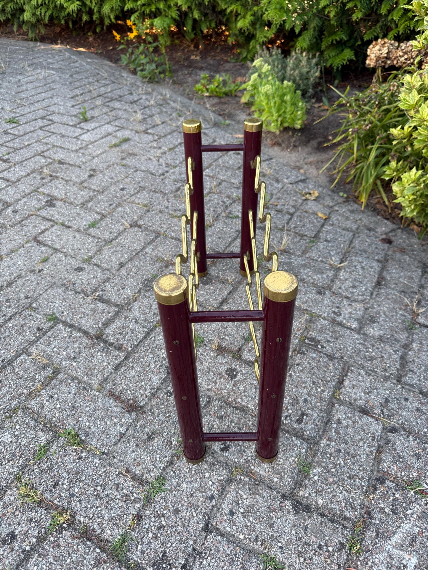 Vintage Brass and Metal Wine Rack, Dark Red and Gold Wavy Bar Stand, 1980s Wine Storage Display, Retro Bottle Holder