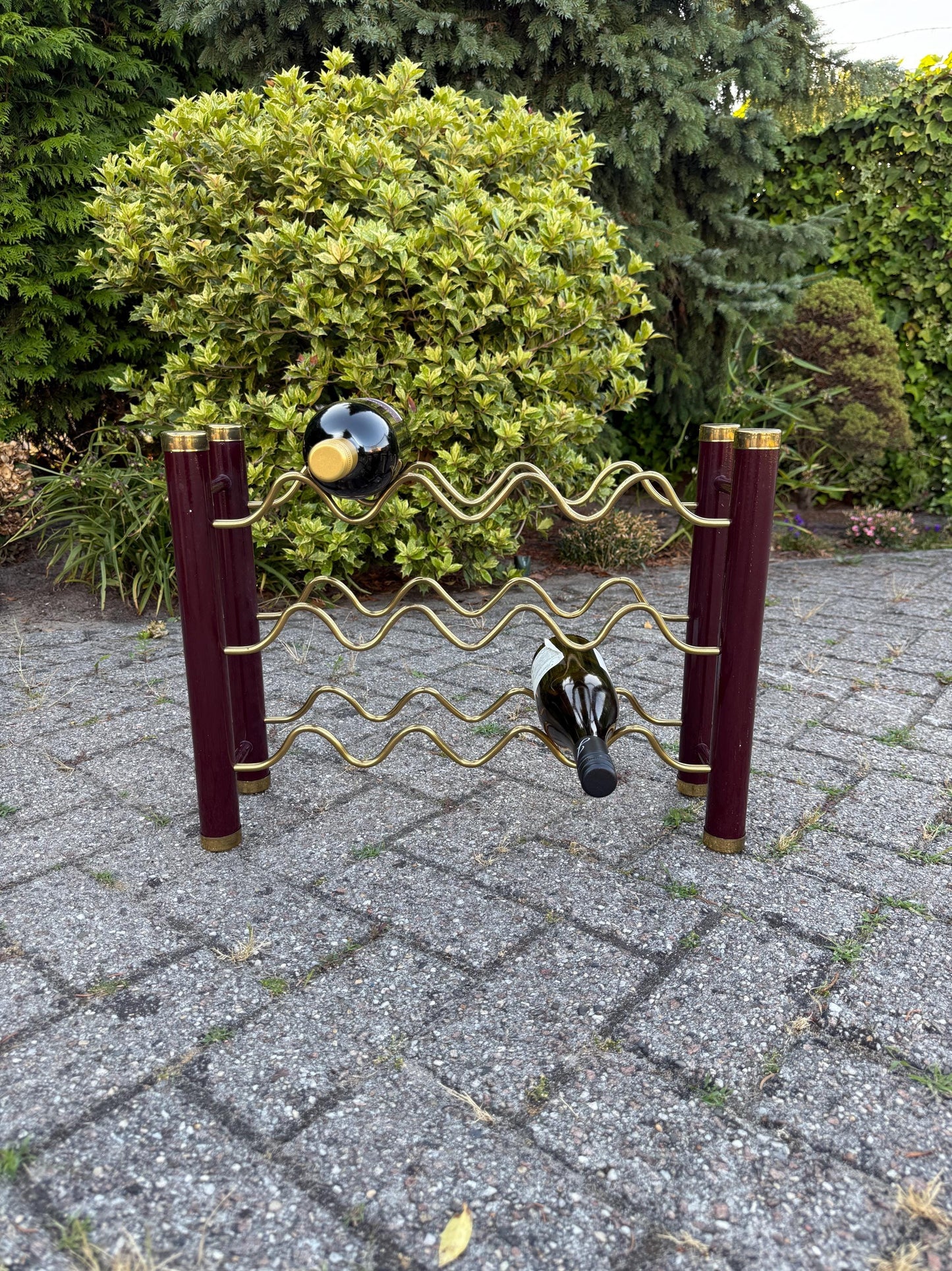 Vintage Brass and Metal Wine Rack, Dark Red and Gold Wavy Bar Stand, 1980s Wine Storage Display, Retro Bottle Holder