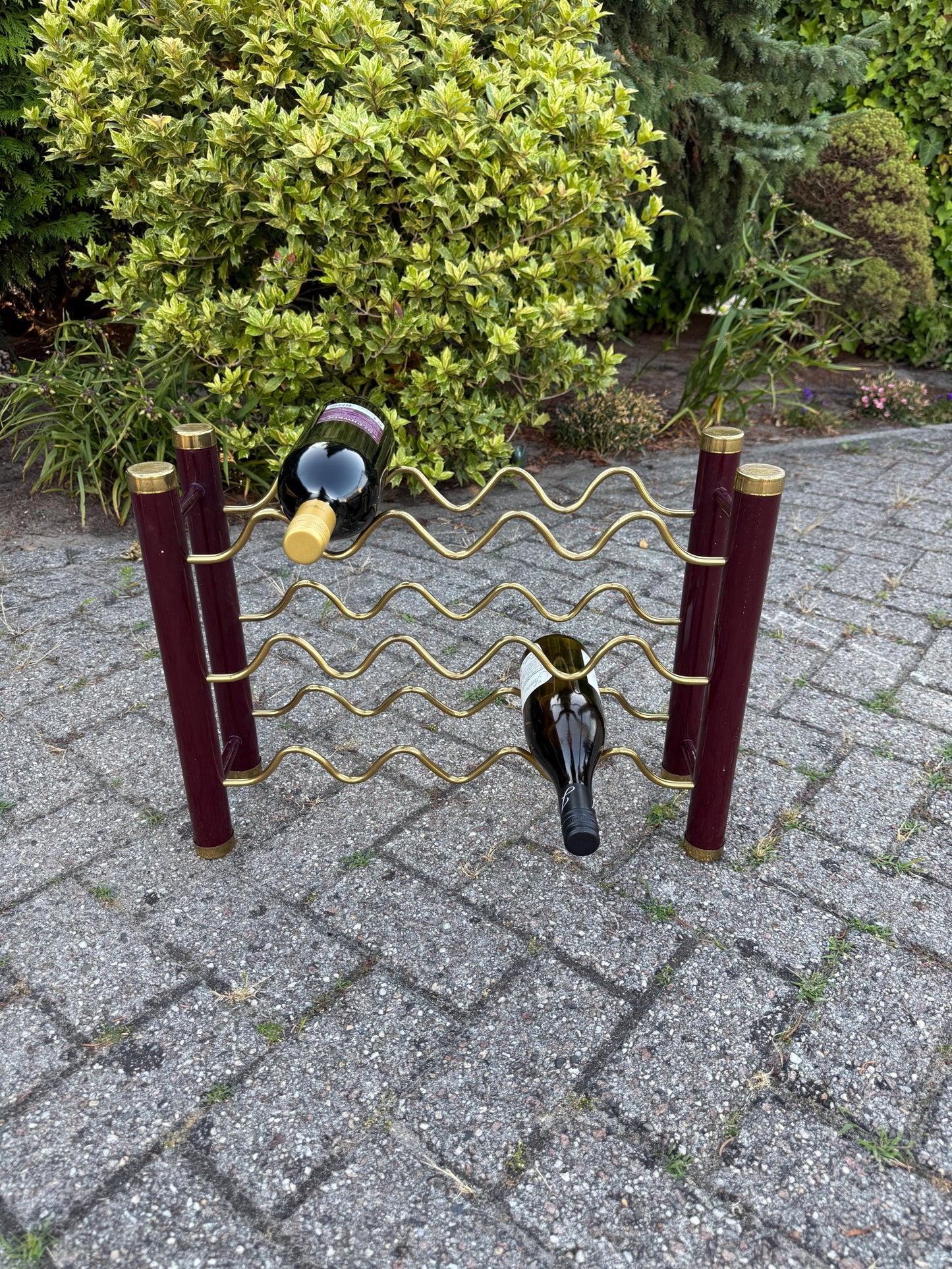 Vintage Brass and Metal Wine Rack, Dark Red and Gold Wavy Bar Stand, 1980s Wine Storage Display, Retro Bottle Holder