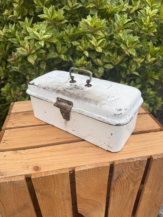 Vintage Industrial Metal Storage Box, White Utility Tin with Handle, Rustic Bread or Tool Container, Distressed Patina Organizer
