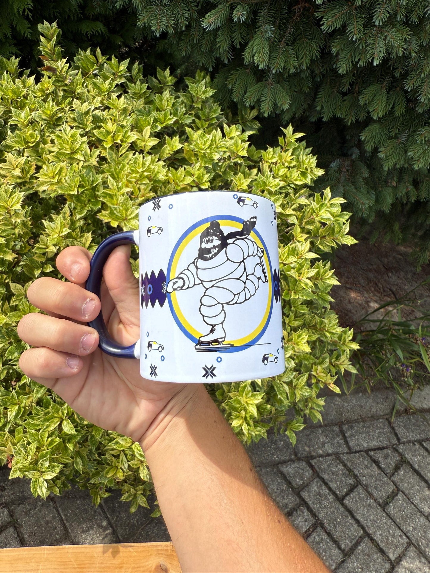 Vintage Michelin Mug, Bibendum Ice Skating Design, Collectible French Advertising Cup, Blue White Ceramic Coffee Tea Mug