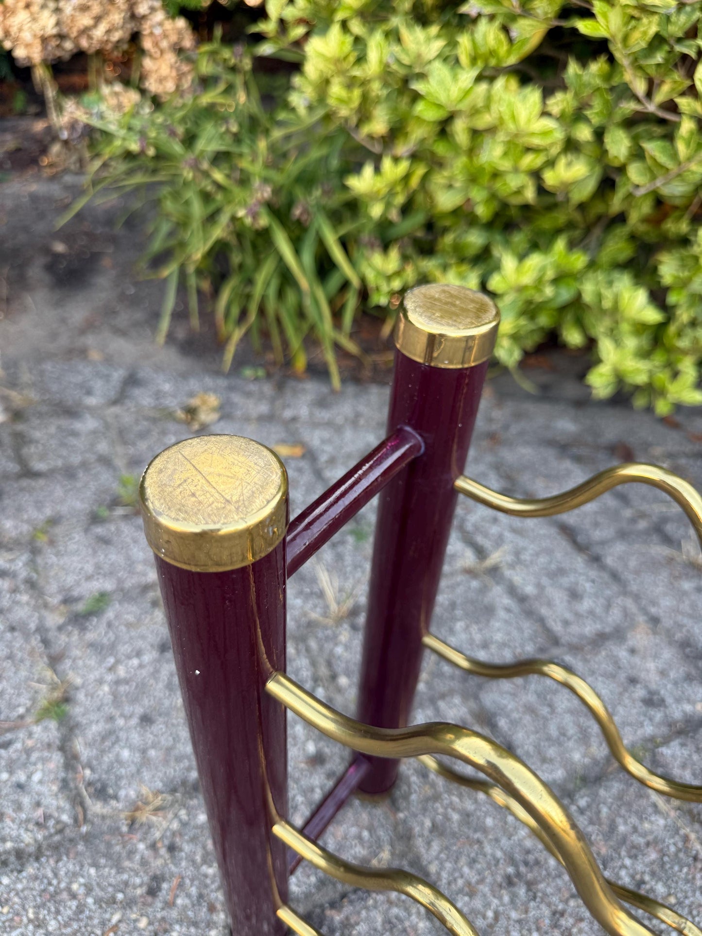 Vintage Brass and Metal Wine Rack, Dark Red and Gold Wavy Bar Stand, 1980s Wine Storage Display, Retro Bottle Holder