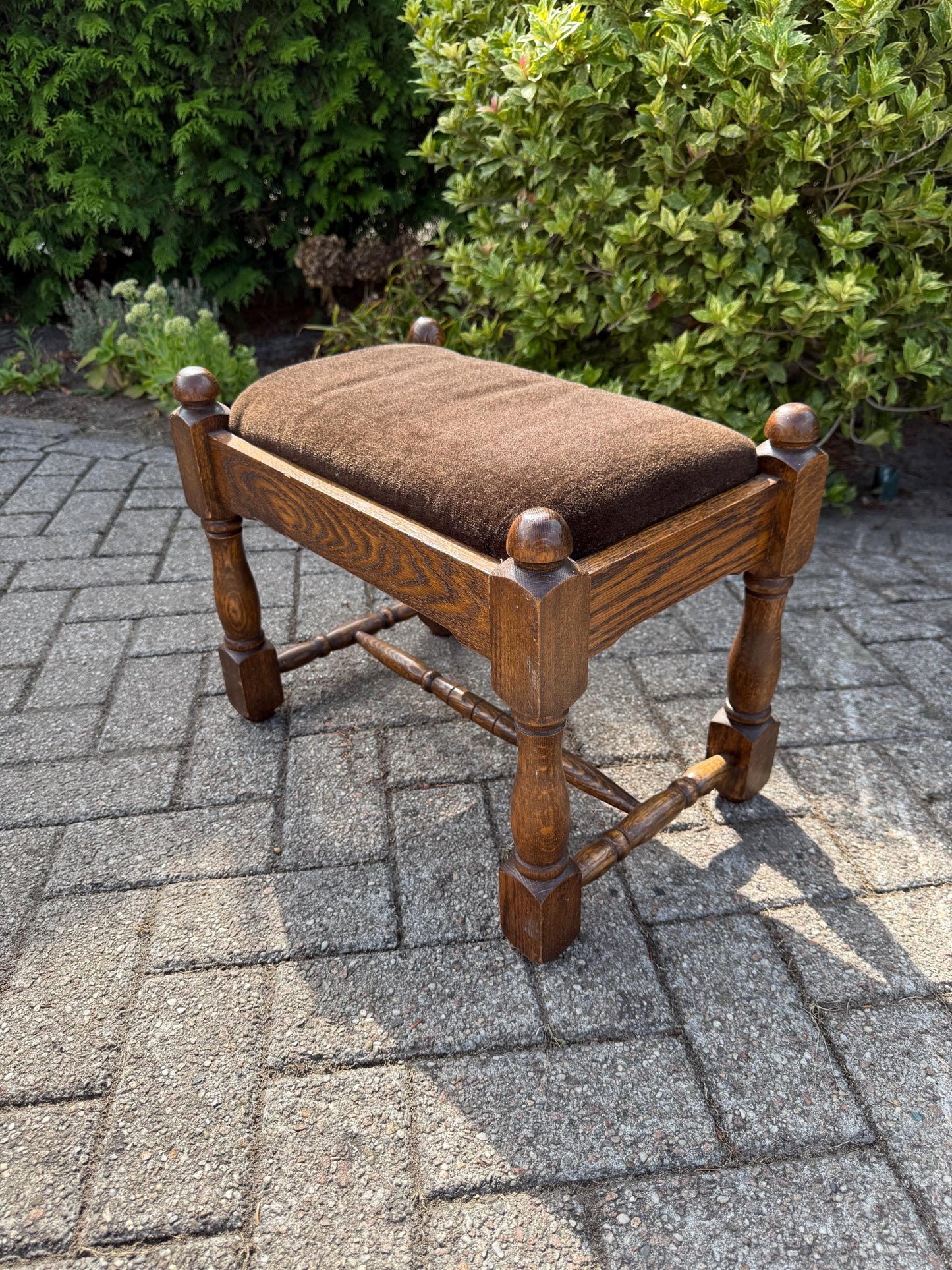 Vintage Oak Footrest, Upholstered Wooden Stool With Turned Legs, Dutch Hocker, Rustic Bench, 20th Century Furniture