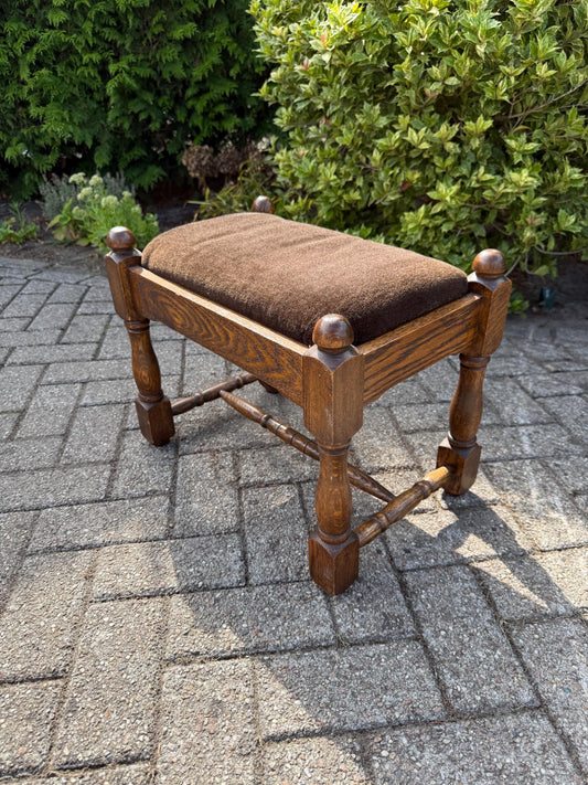 Vintage Oak Footrest, Upholstered Wooden Stool With Turned Legs, Dutch Hocker, Rustic Bench, 20th Century Furniture