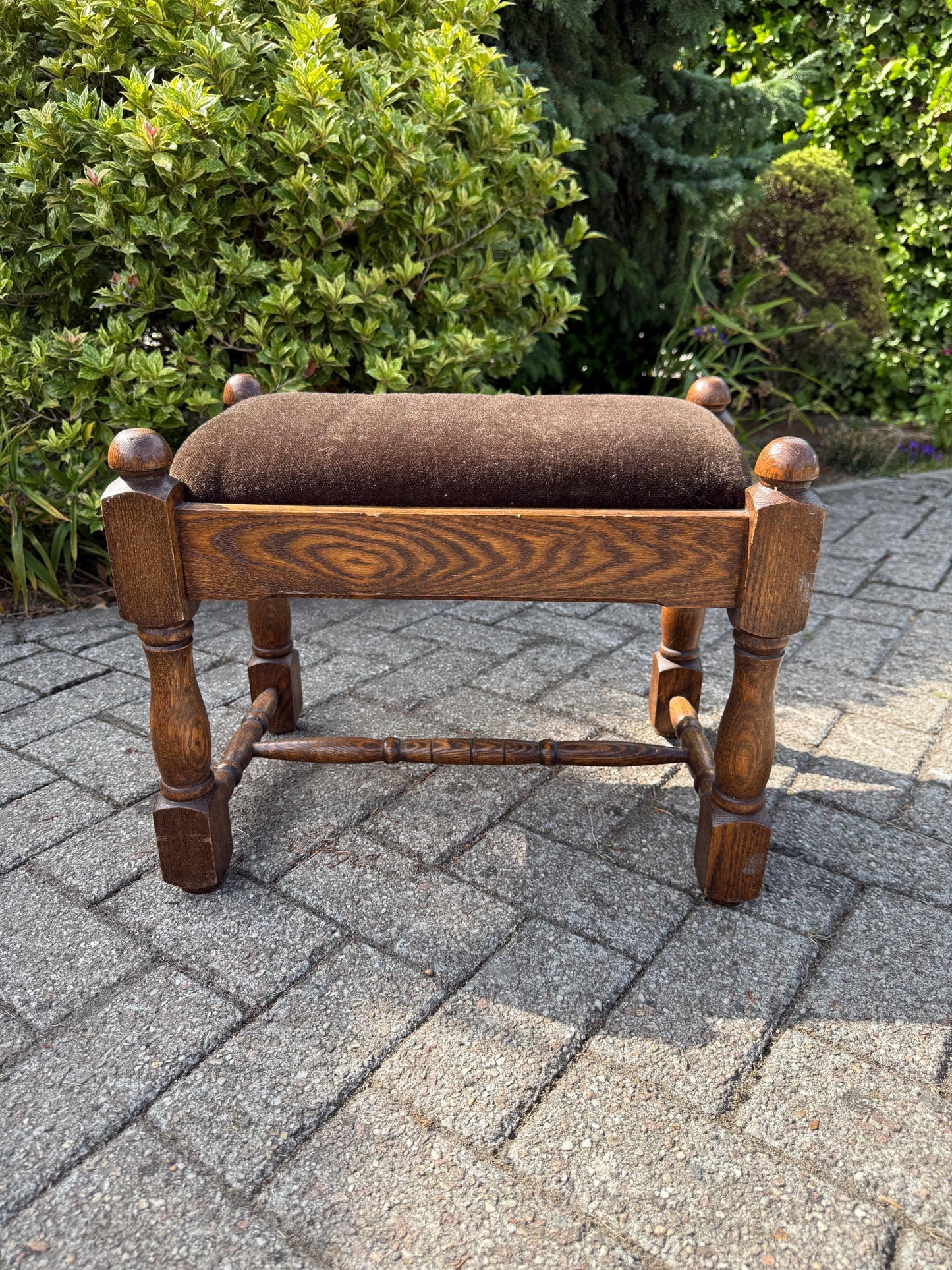 Vintage Oak Footrest, Upholstered Wooden Stool With Turned Legs, Dutch Hocker, Rustic Bench, 20th Century Furniture