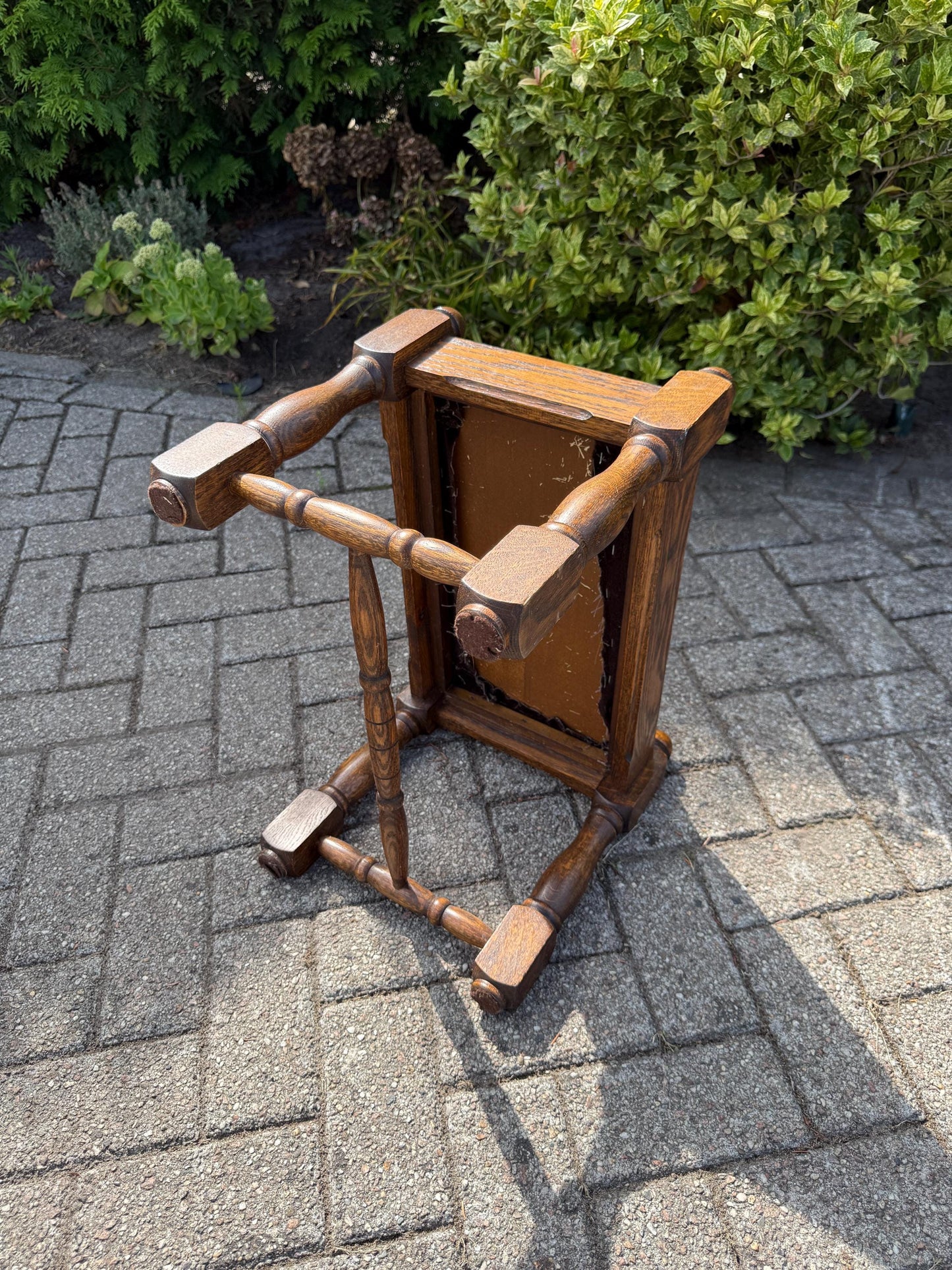 Vintage Oak Footrest, Upholstered Wooden Stool With Turned Legs, Dutch Hocker, Rustic Bench, 20th Century Furniture