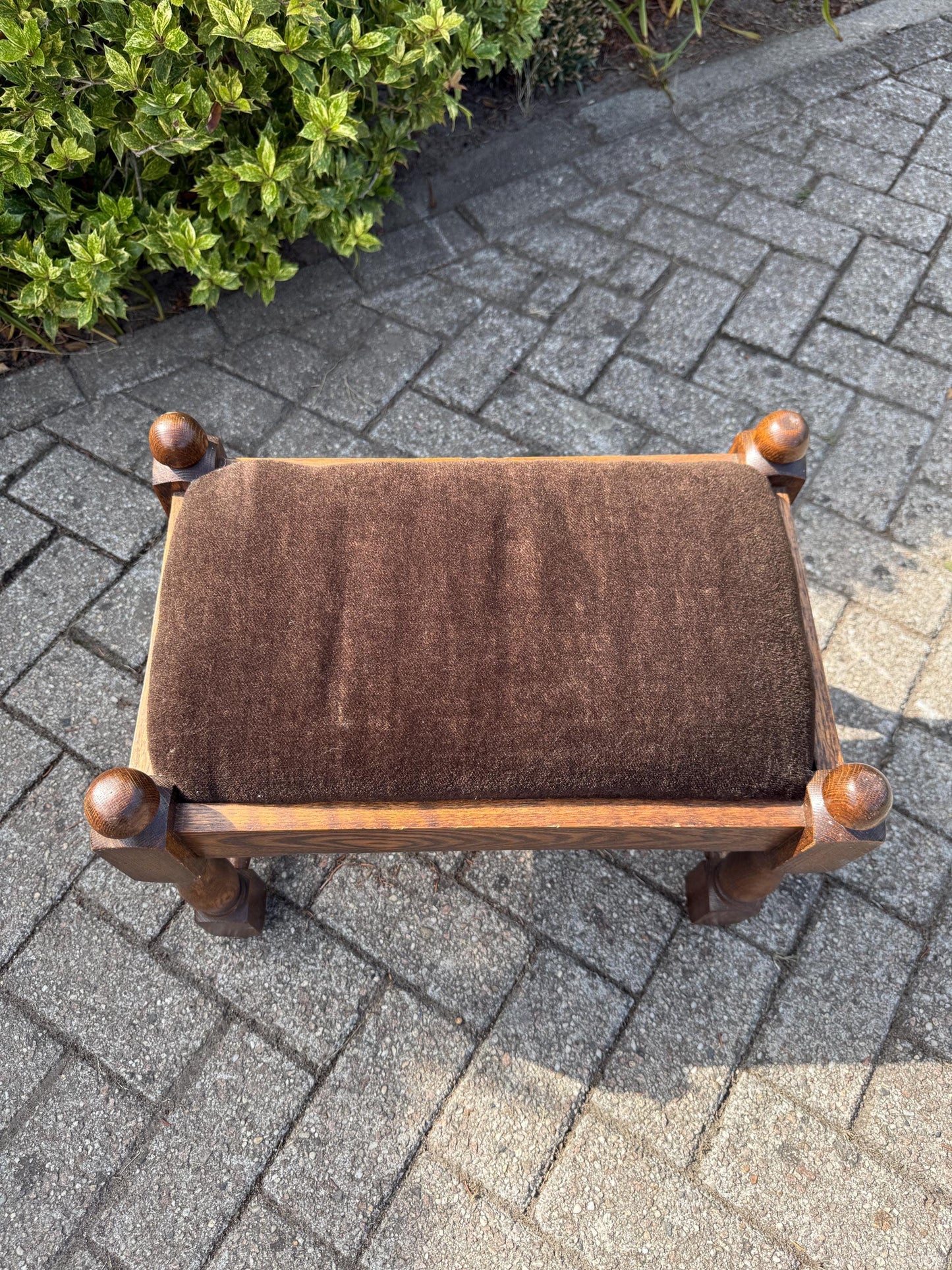 Vintage Oak Footrest, Upholstered Wooden Stool With Turned Legs, Dutch Hocker, Rustic Bench, 20th Century Furniture