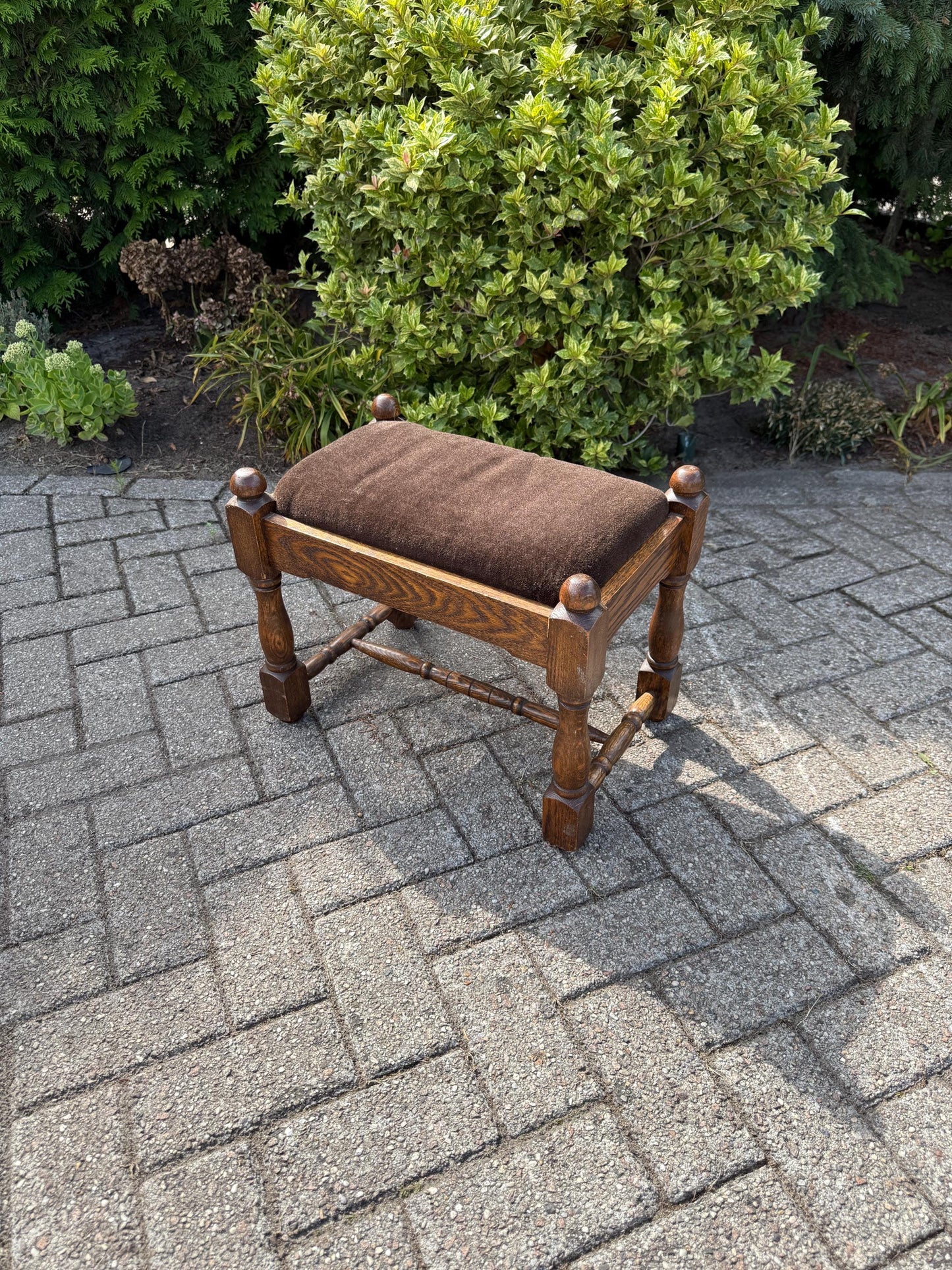 Vintage Oak Footrest, Upholstered Wooden Stool With Turned Legs, Dutch Hocker, Rustic Bench, 20th Century Furniture