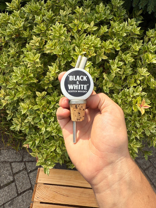 Vintage Black & White Scotch Whisky Bottle Pourer, Porcelain Top, Cork Stopper, Barware Advertising Collectible, Pub Decor