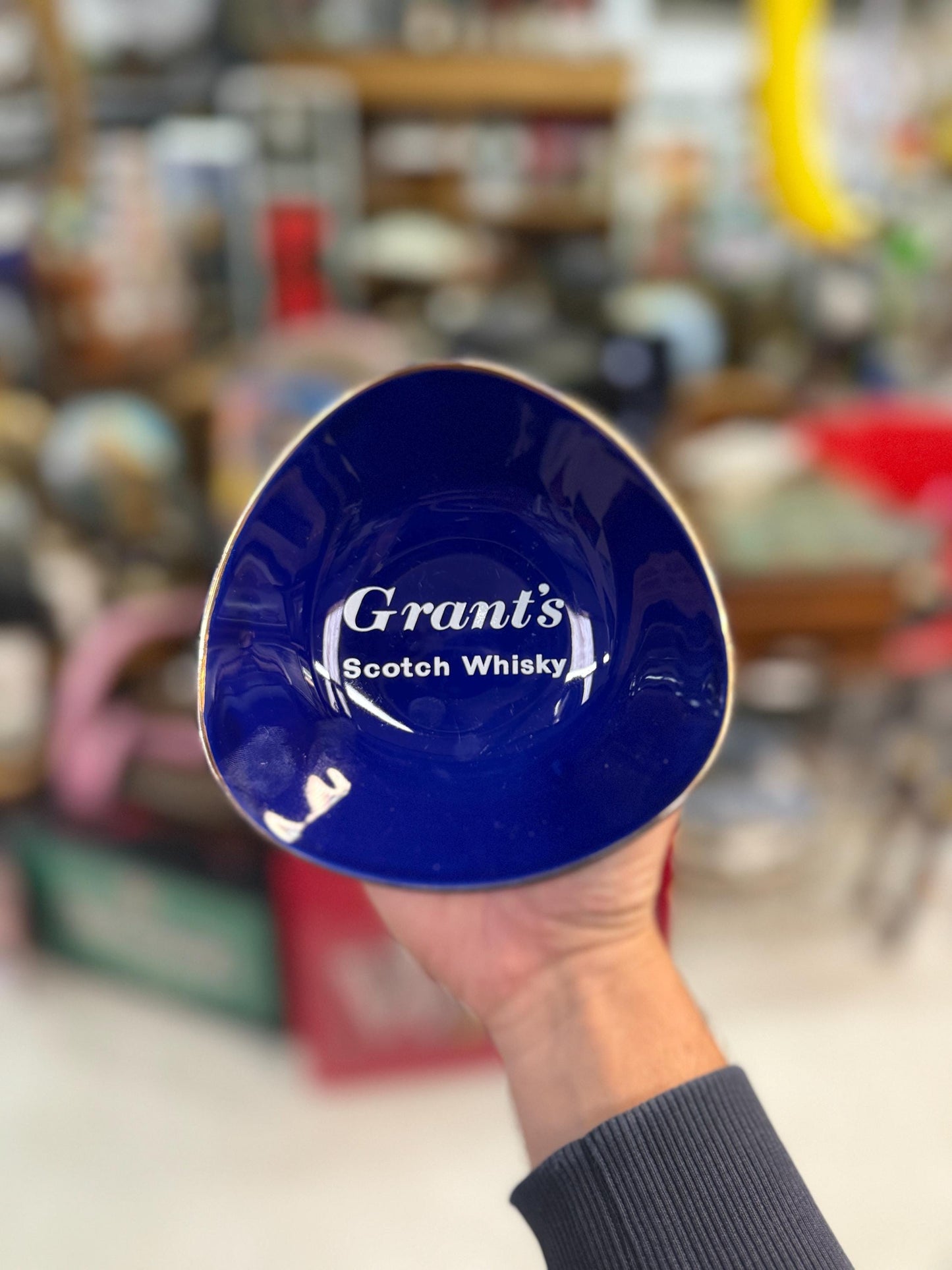 Vintage Grants Scotch Whisky Glass Bowl, Blue Advertising Dish, Barware Collectible, Triangle Shape, 1980s Promo Item