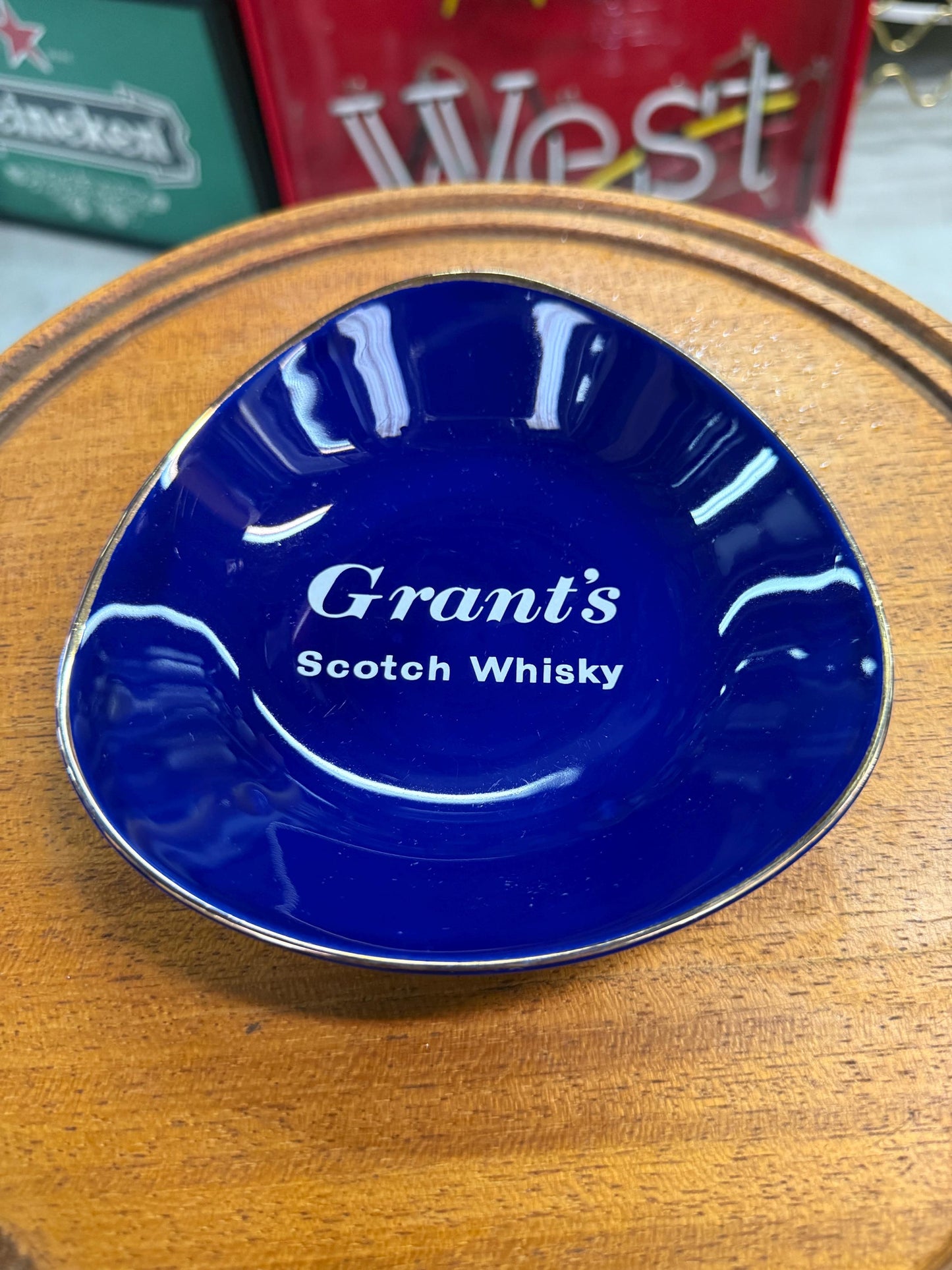 Vintage Grants Scotch Whisky Glass Bowl, Blue Advertising Dish, Barware Collectible, Triangle Shape, 1980s Promo Item
