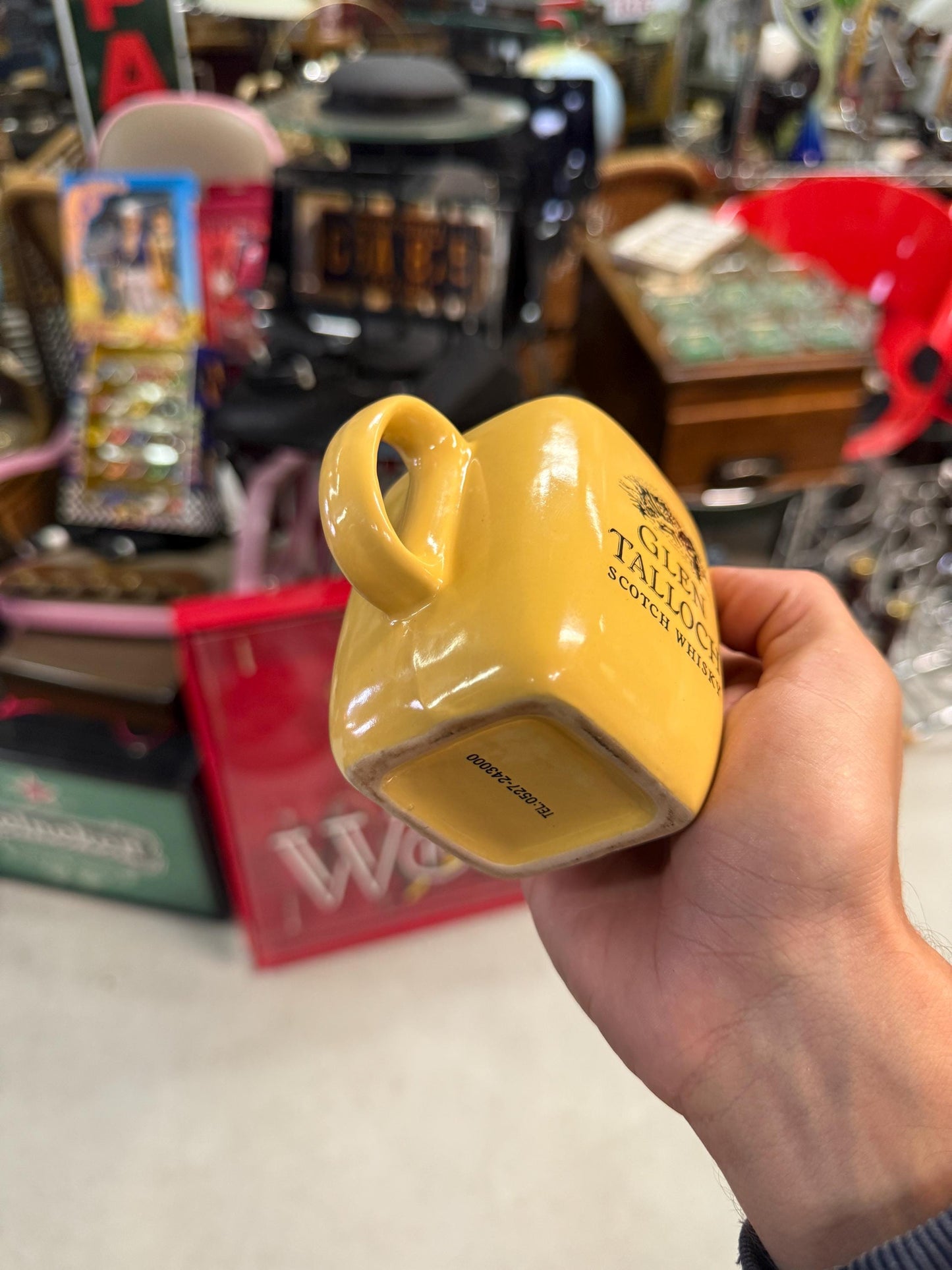 Glen Talloch whisky pitcher, small ceramic water jug, vintage barware, Scotch whisky creamer, whisky advertising jug, yellow whisky pitcher