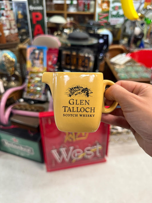 Glen Talloch whisky pitcher, small ceramic water jug, vintage barware, Scotch whisky creamer, whisky advertising jug, yellow whisky pitcher
