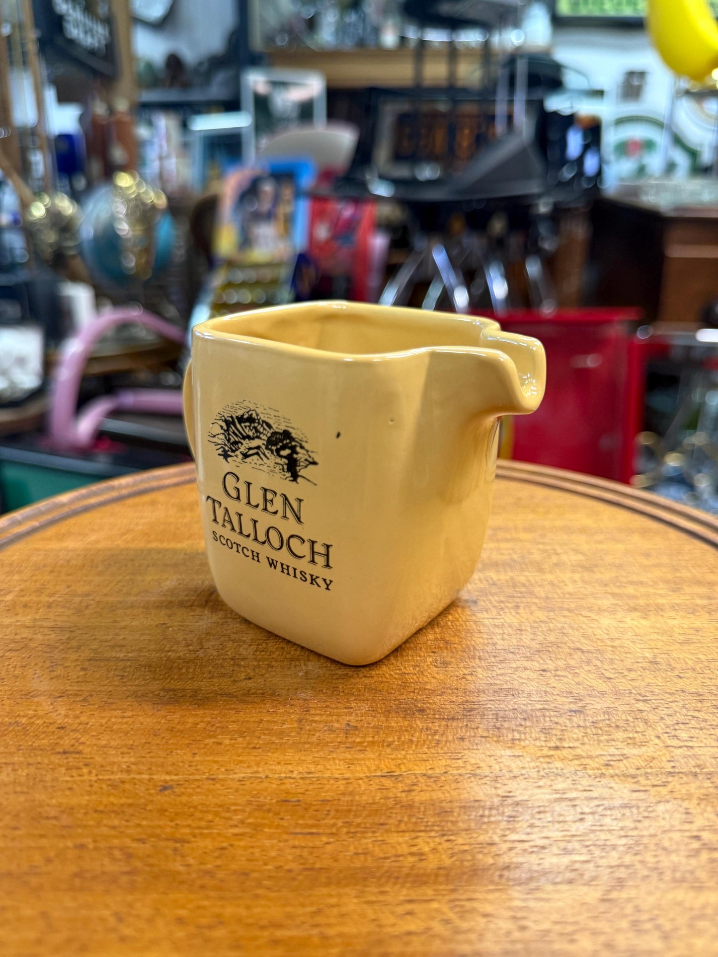 Glen Talloch whisky pitcher, small ceramic water jug, vintage barware, Scotch whisky creamer, whisky advertising jug, yellow whisky pitcher