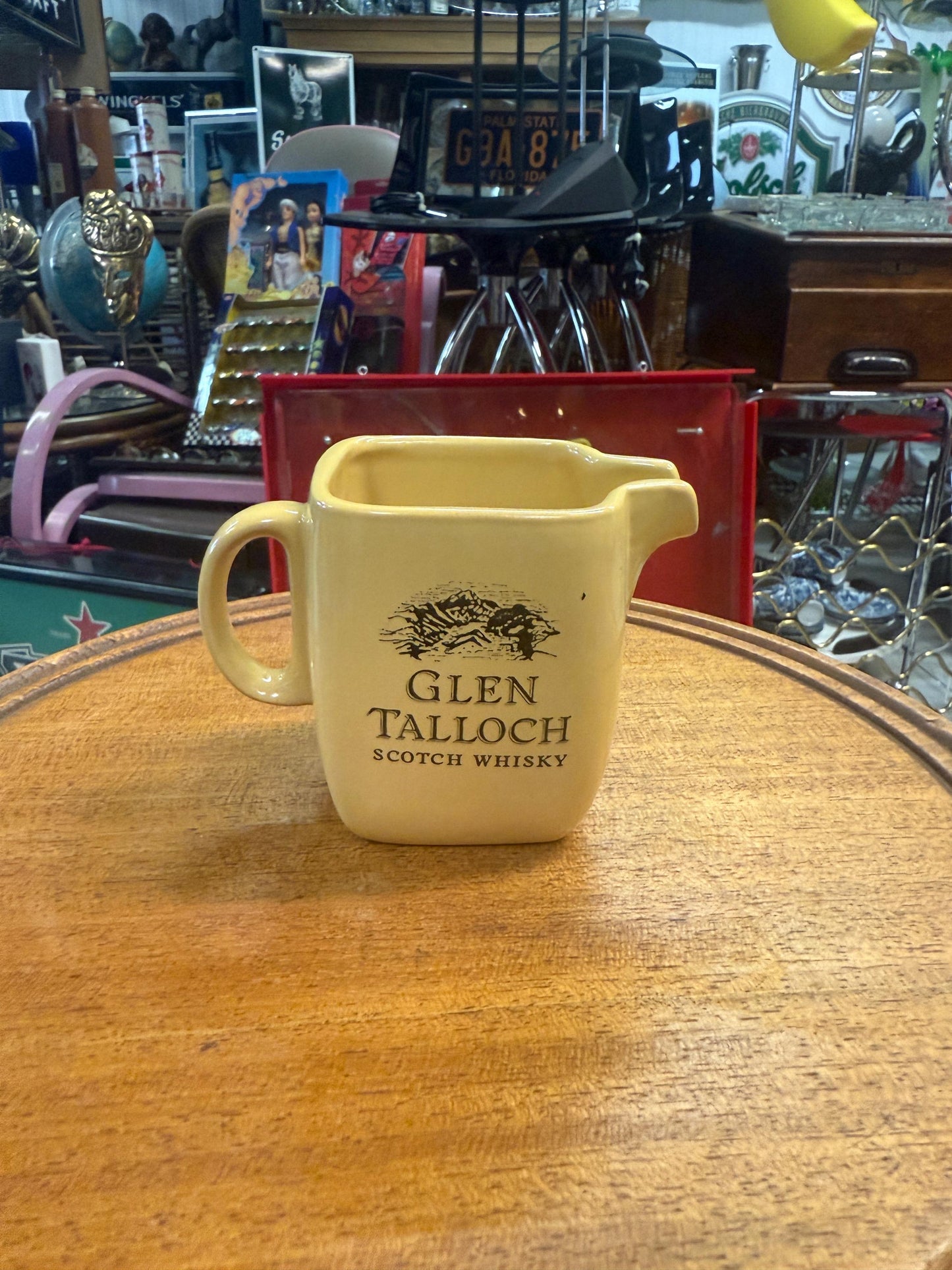Glen Talloch whisky pitcher, small ceramic water jug, vintage barware, Scotch whisky creamer, whisky advertising jug, yellow whisky pitcher