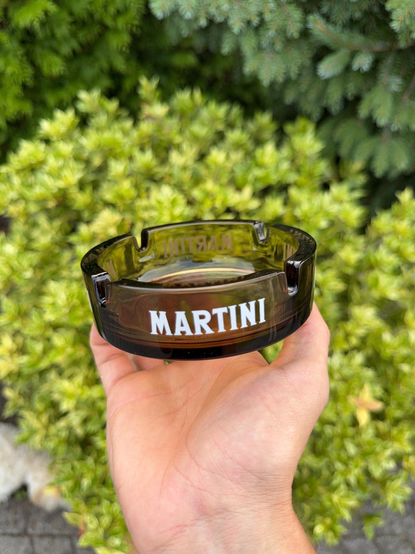 Vintage Brown Smoked Glass Ashtray, Martini Advertising Ashtray, Mid Century Modern Barware, Cocktail Lounge Glass Cigar Cigarette Tray