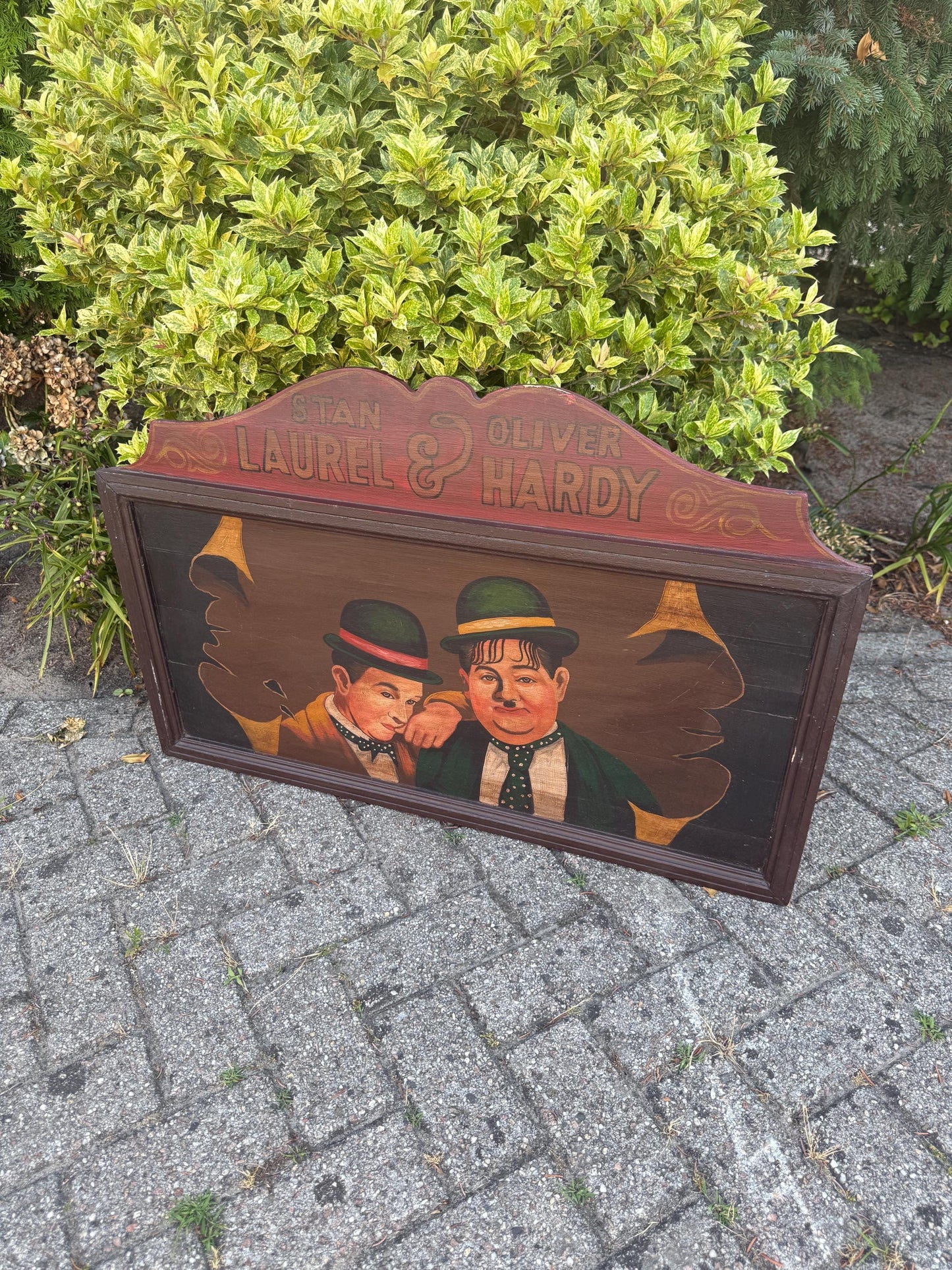 Vintage Laurel & Hardy Wooden Wall Plaque, Large Hand-Painted Sign, Classic Comedy Duo Collectible, Old Hollywood Wall Art