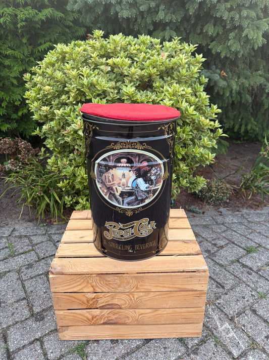 Vintage Pepsi-Cola Metal Barrel Stool, 90s Advertising Drum Chair with Red Fabric Lid, Retro Soda Can Seat, Collectible Pepsi Decor