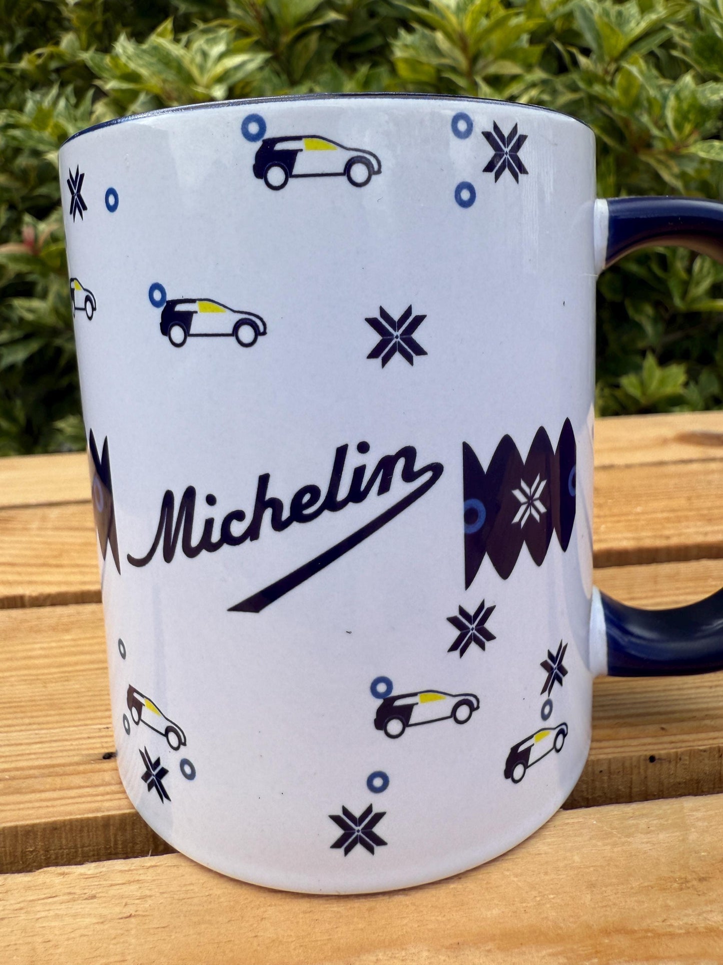 Vintage Michelin Mug, Bibendum Ice Skating Design, Collectible French Advertising Cup, Blue White Ceramic Coffee Tea Mug