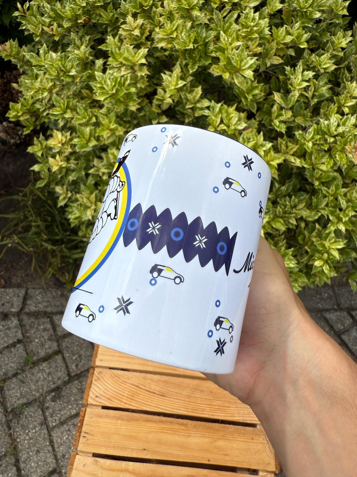 Vintage Michelin Mug, Bibendum Ice Skating Design, Collectible French Advertising Cup, Blue White Ceramic Coffee Tea Mug