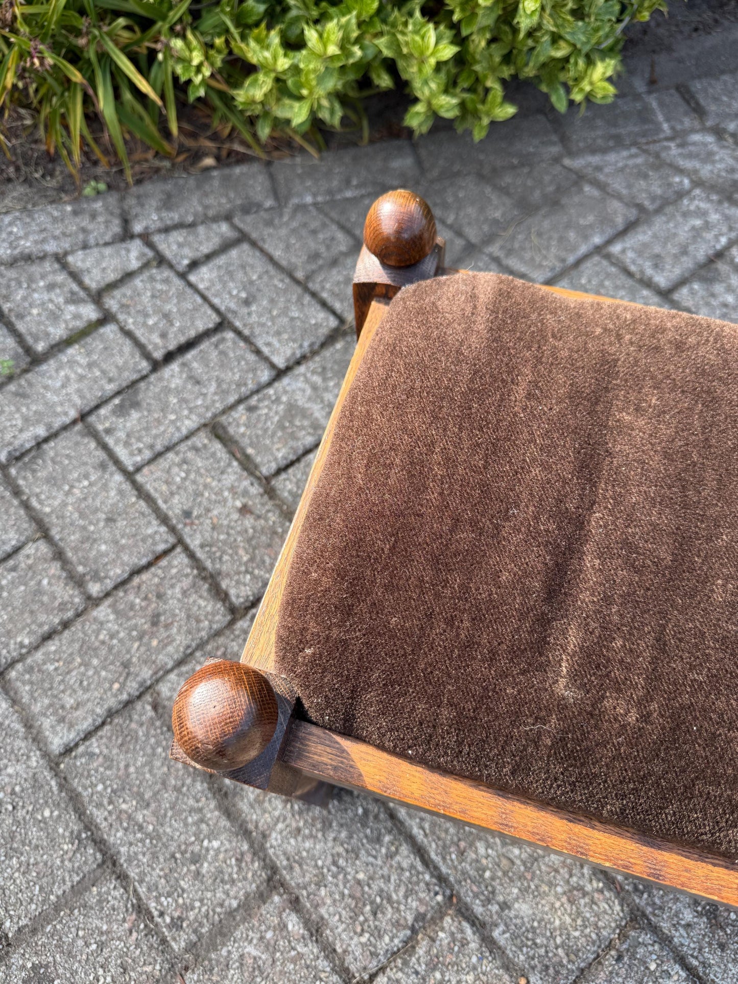 Vintage Oak Footrest, Upholstered Wooden Stool With Turned Legs, Dutch Hocker, Rustic Bench, 20th Century Furniture