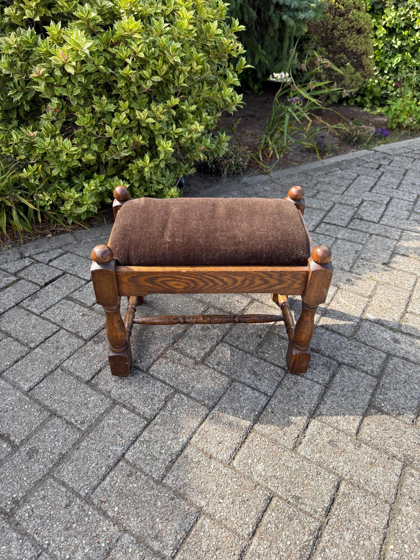 Vintage Oak Footrest, Upholstered Wooden Stool With Turned Legs, Dutch Hocker, Rustic Bench, 20th Century Furniture