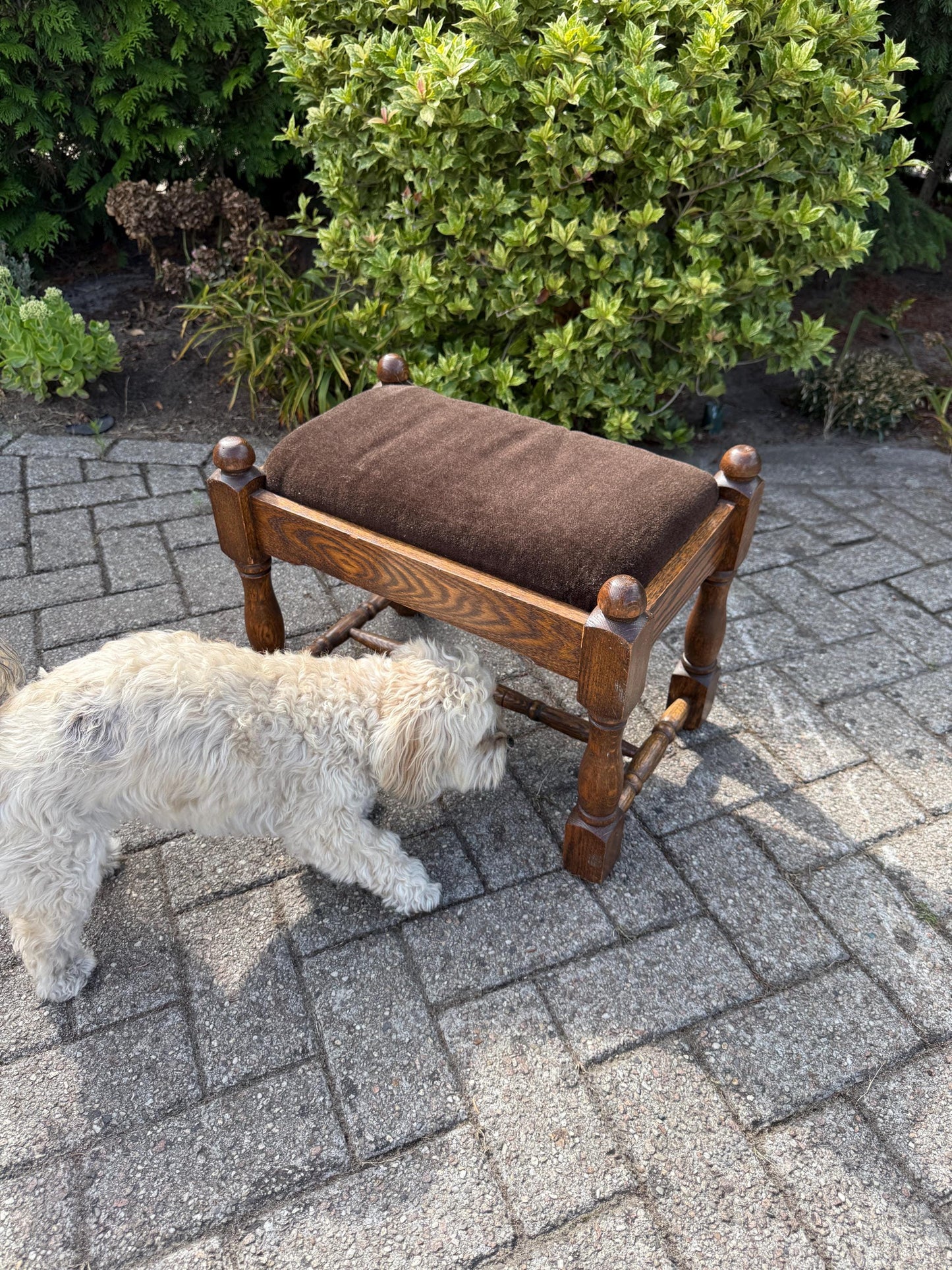 Vintage Oak Footrest, Upholstered Wooden Stool With Turned Legs, Dutch Hocker, Rustic Bench, 20th Century Furniture