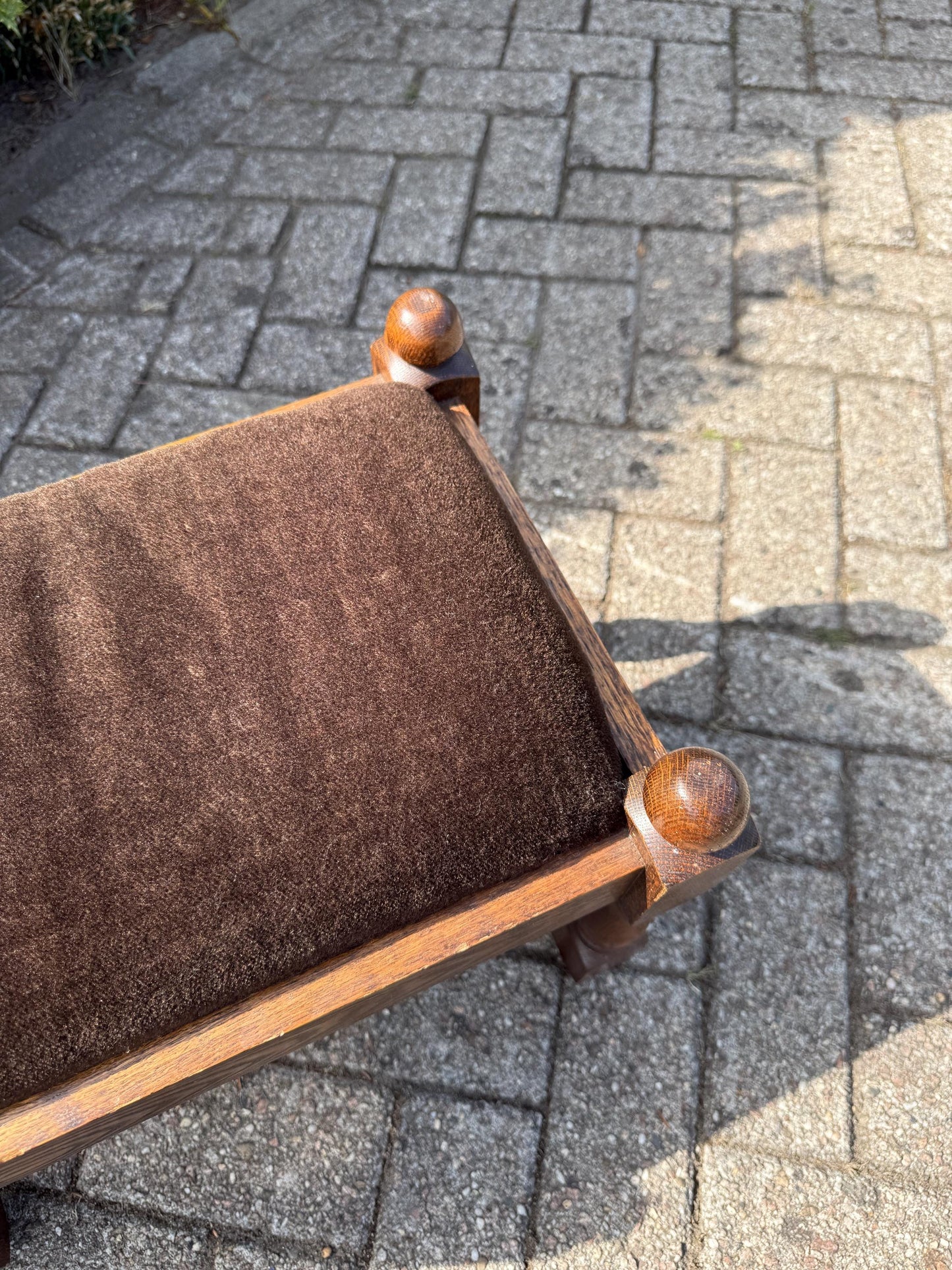 Vintage Oak Footrest, Upholstered Wooden Stool With Turned Legs, Dutch Hocker, Rustic Bench, 20th Century Furniture