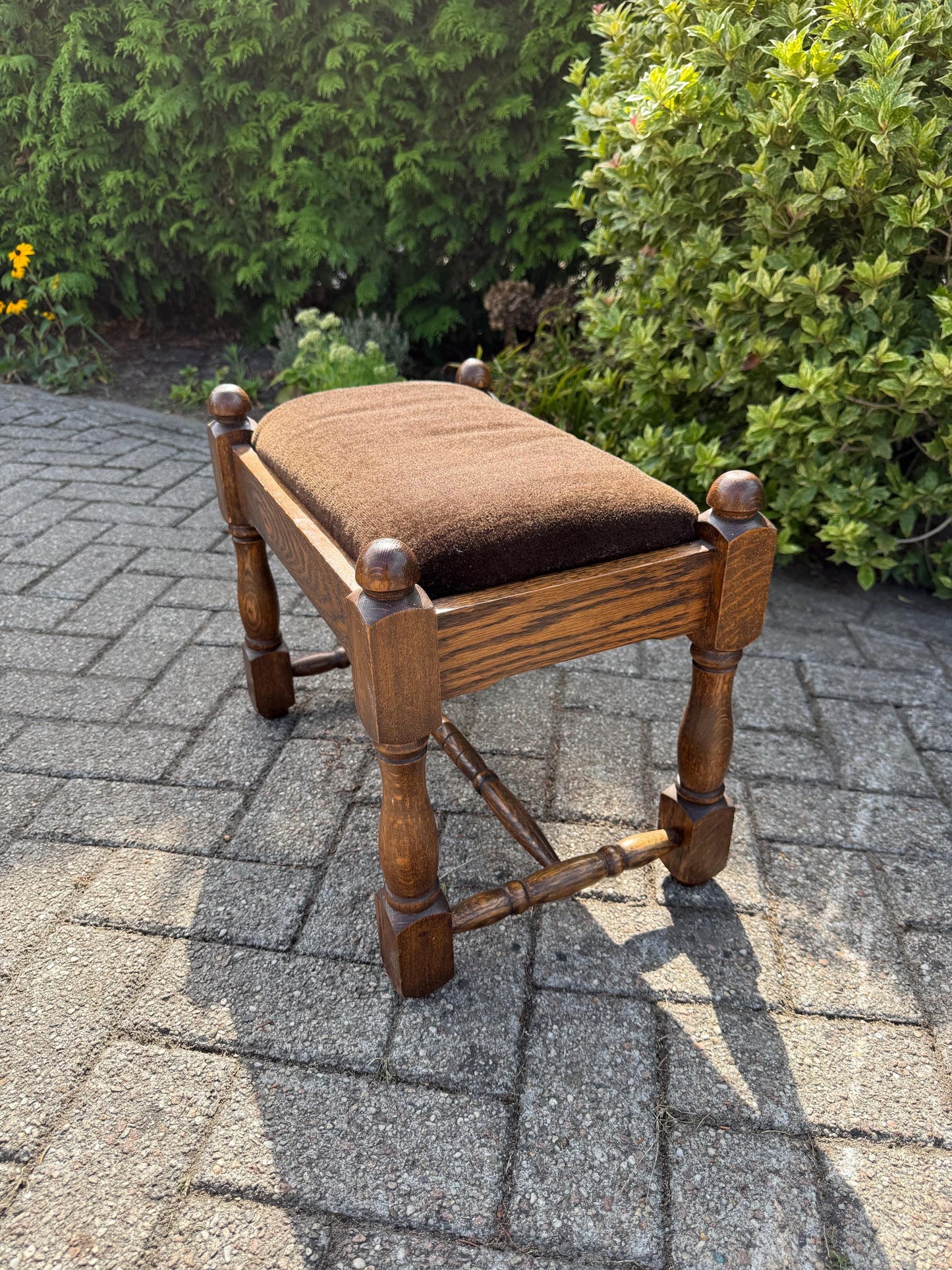 Vintage Oak Footrest, Upholstered Wooden Stool With Turned Legs, Dutch Hocker, Rustic Bench, 20th Century Furniture