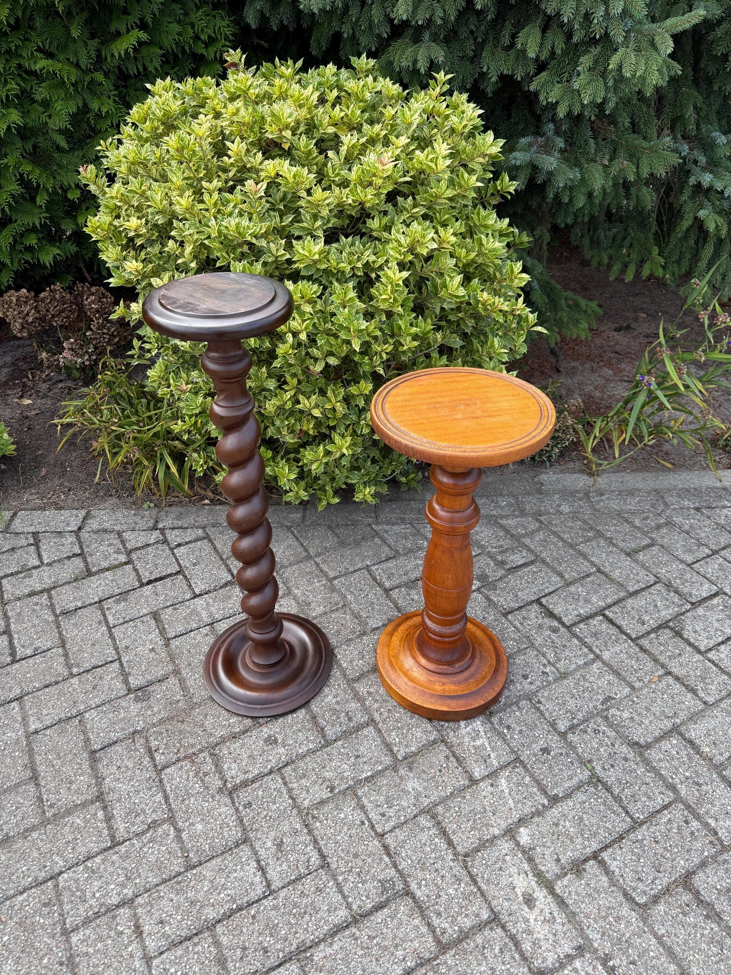 2 Vintage Wooden Plant Stands, Barley Twist And Turned Column Pedestal Tables, Solid Wood Plant Tables, Classic Dutch Design