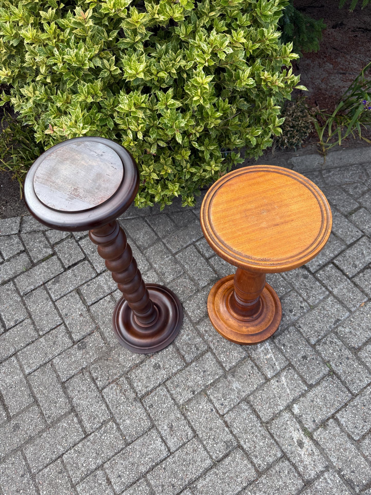 2 Vintage Wooden Plant Stands, Barley Twist And Turned Column Pedestal Tables, Solid Wood Plant Tables, Classic Dutch Design