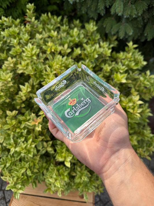 Vintage Carlsberg Glass Ashtray, Square Clear Glass Beer Advertising Collectible, Danish Brewery Barware, Retro Pub Smoking Accessory